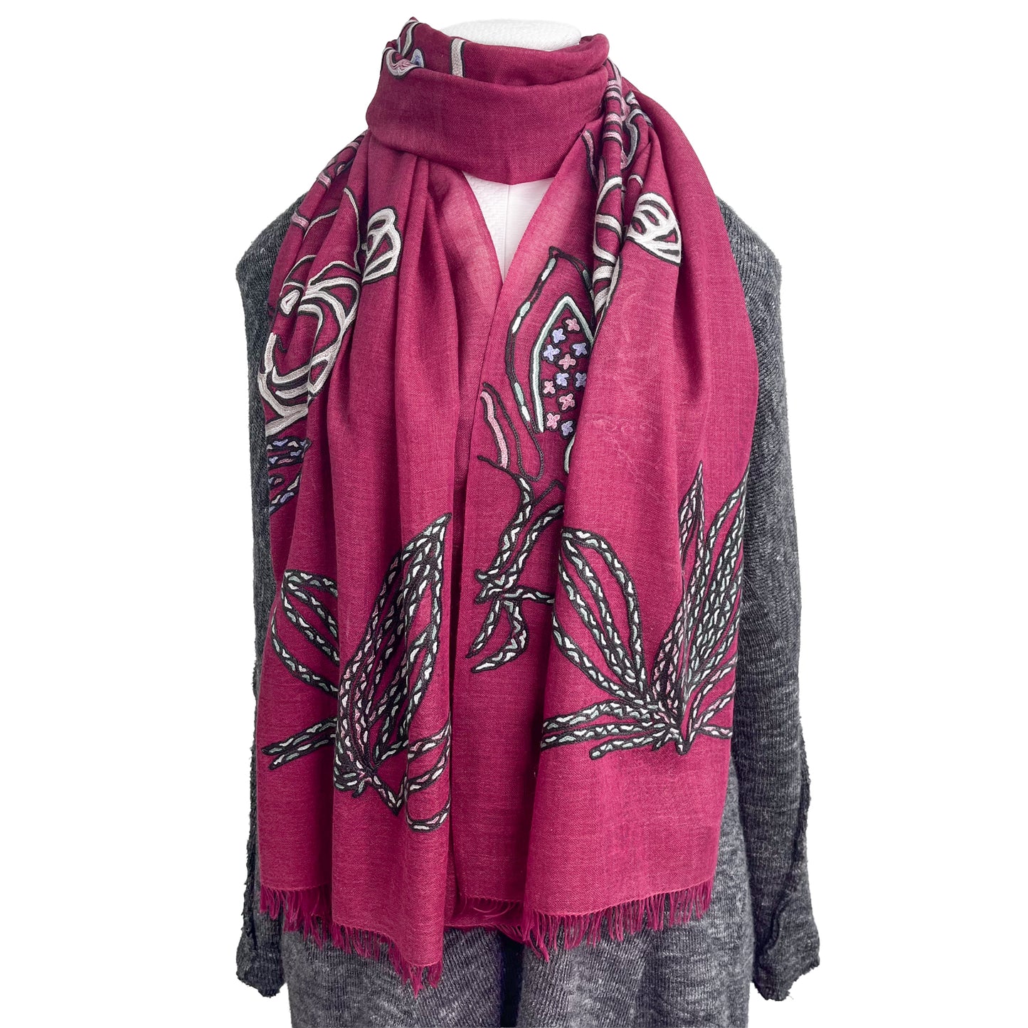 Lightweight wool &amp; silk Ally hand embroidered stole (light brown/purple) S-WTA9038_0901