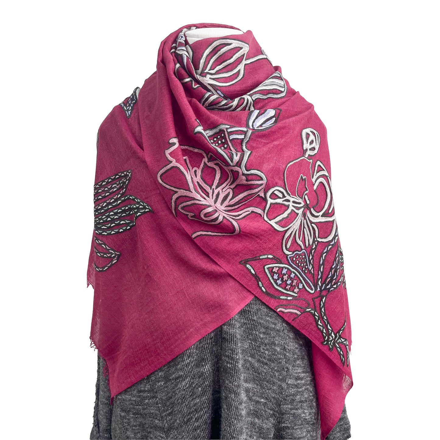 Lightweight wool &amp; silk Ally hand embroidered stole (light brown/purple) S-WTA9038_0901