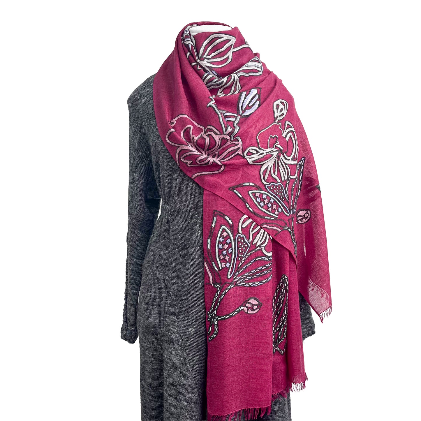 Lightweight wool &amp; silk Ally hand embroidered stole (light brown/purple) S-WTA9038_0901