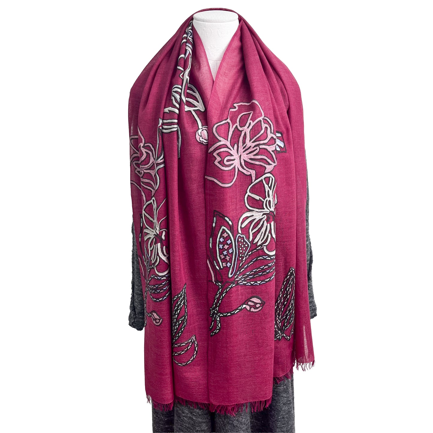 Lightweight wool &amp; silk Ally hand embroidered stole (light brown/purple) S-WTA9038_0901