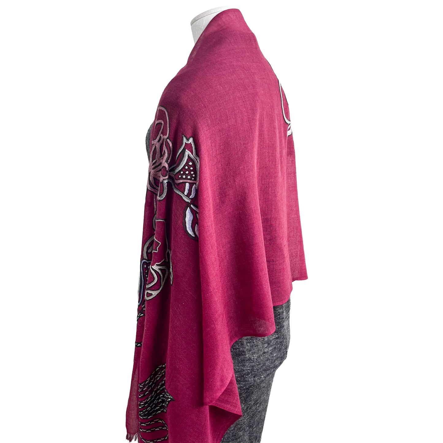 Lightweight wool &amp; silk Ally hand embroidered stole (light brown/purple) S-WTA9038_0901