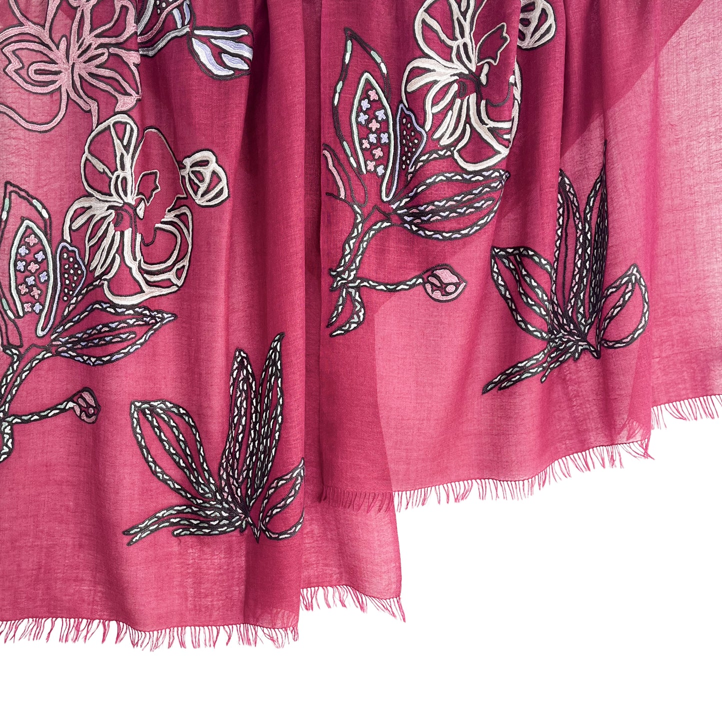 Lightweight wool &amp; silk Ally hand embroidered stole (light brown/purple) S-WTA9038_0901