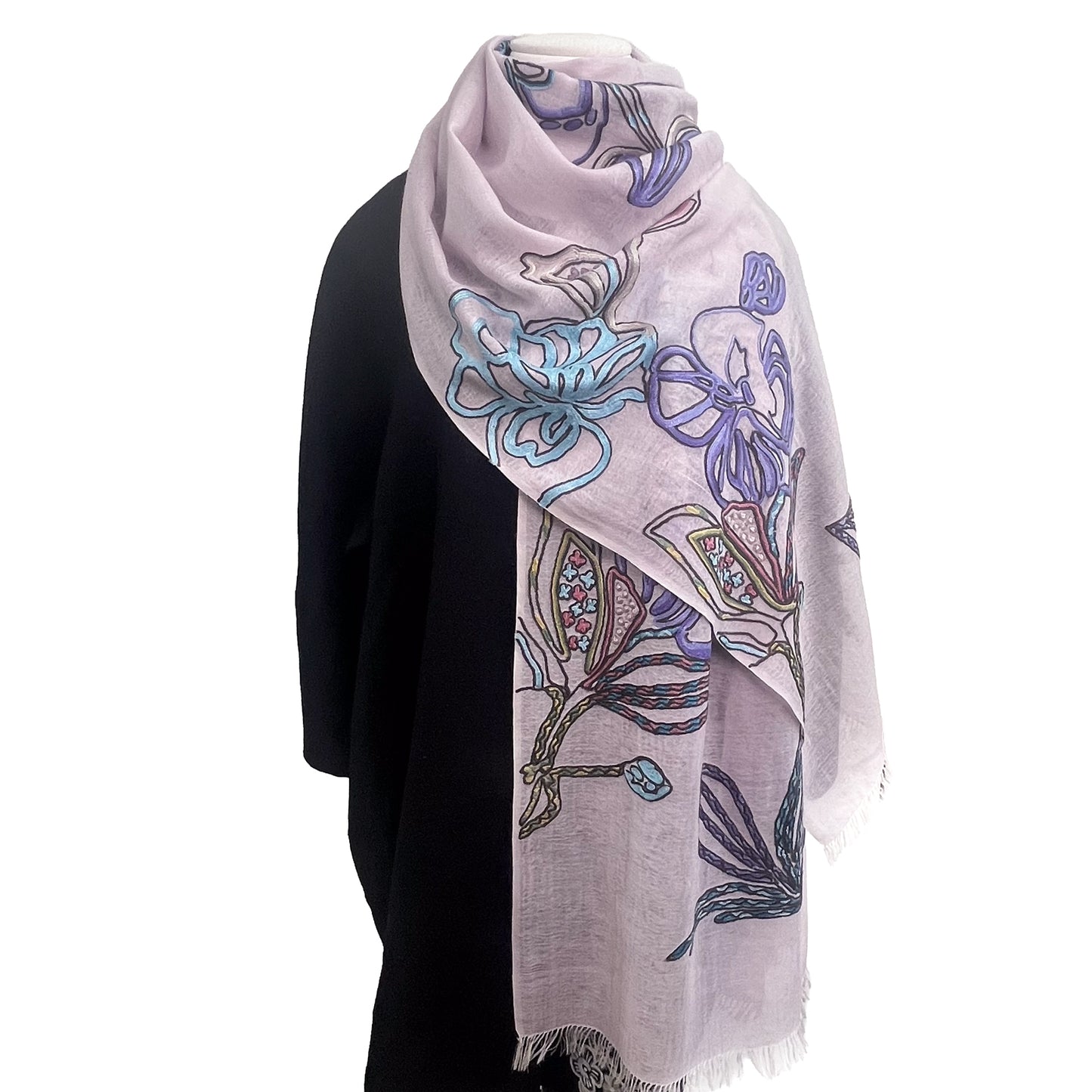 Lightweight wool &amp; silk Ally hand embroidered stole (light brown/purple) S-WTA9038_0901