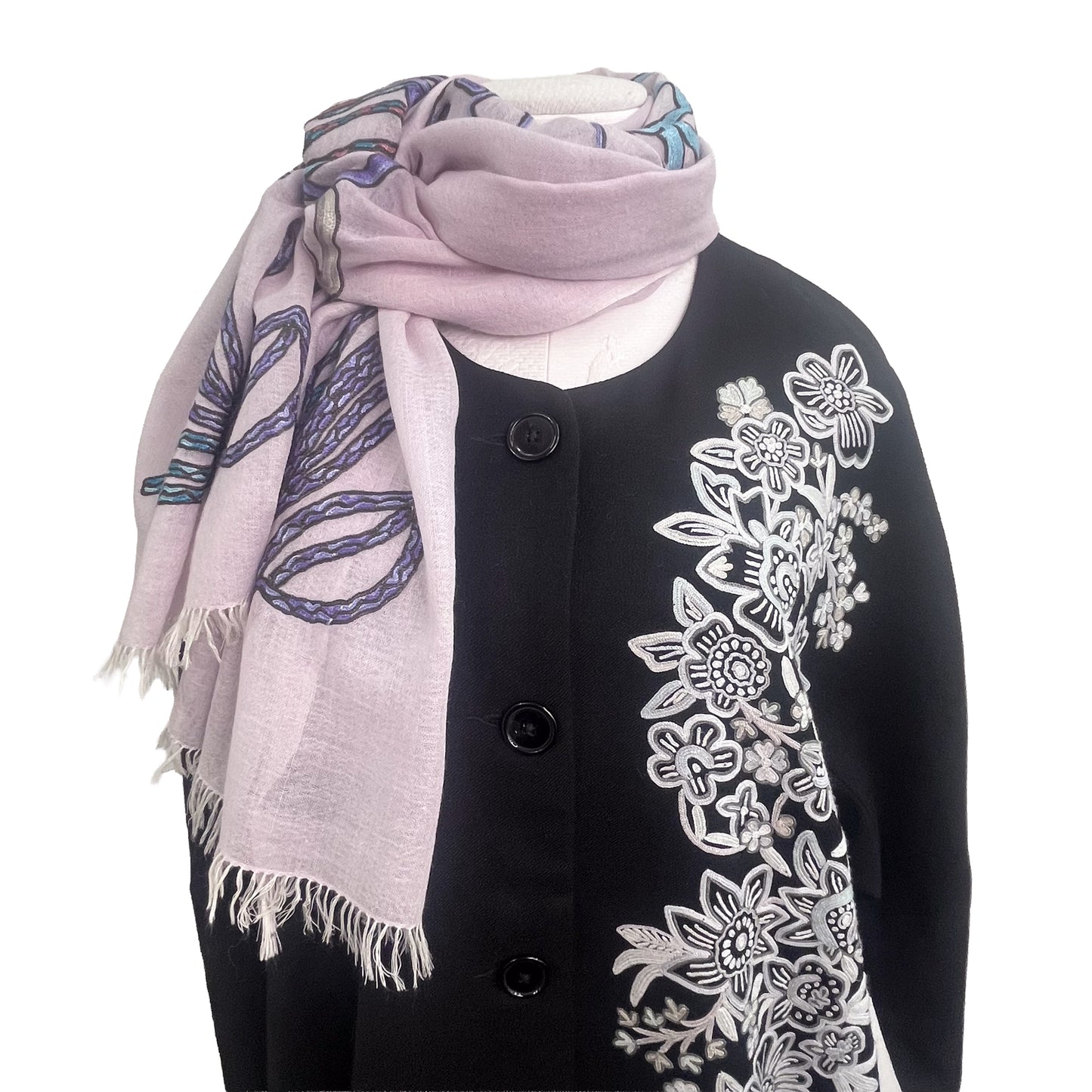 Lightweight wool &amp; silk Ally hand embroidered stole (light brown/purple) S-WTA9038_0901