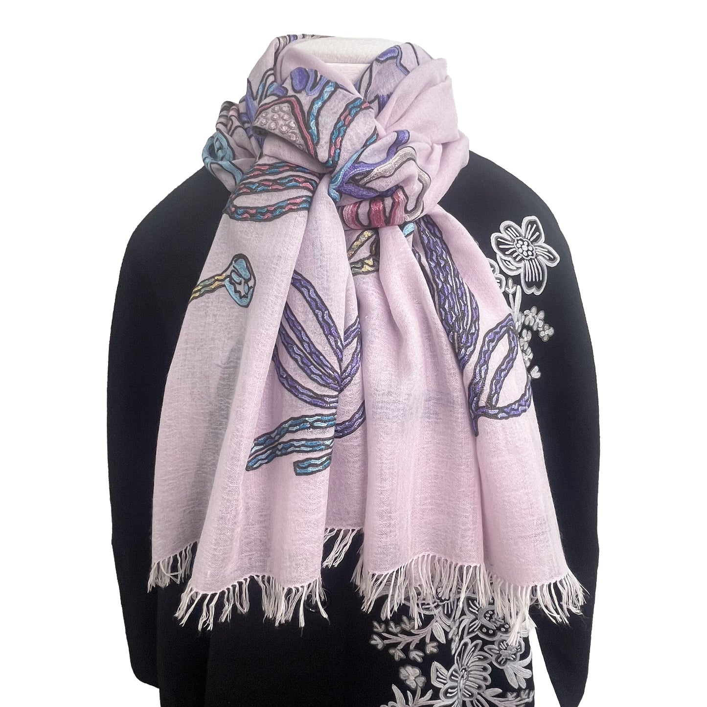 Lightweight wool &amp; silk Ally hand embroidered stole (light brown/purple) S-WTA9038_0901