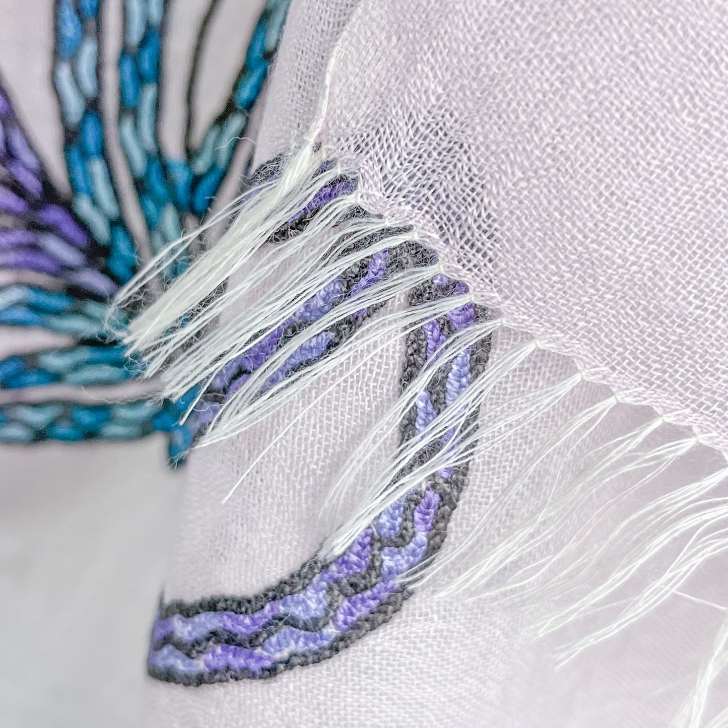 Lightweight wool &amp; silk Ally hand embroidered stole (light brown/purple) S-WTA9038_0901