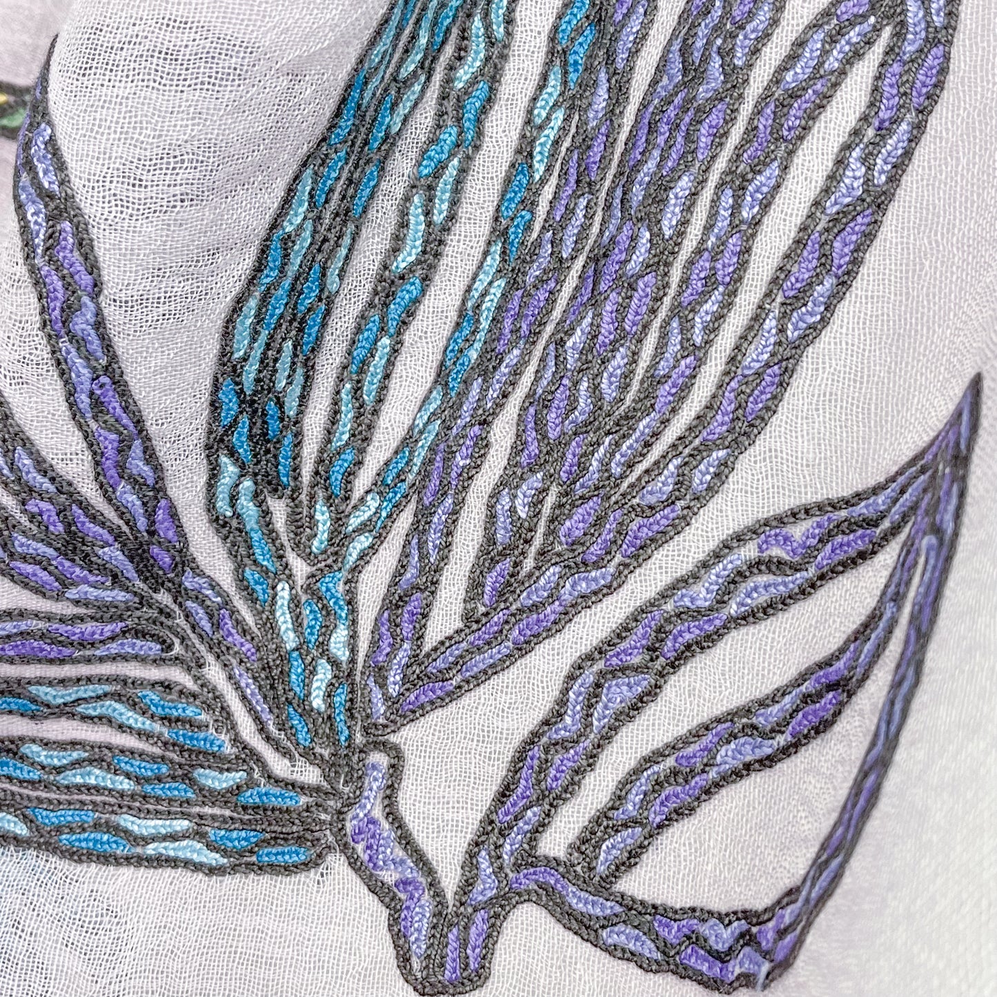 Lightweight wool &amp; silk Ally hand embroidered stole (light brown/purple) S-WTA9038_0901