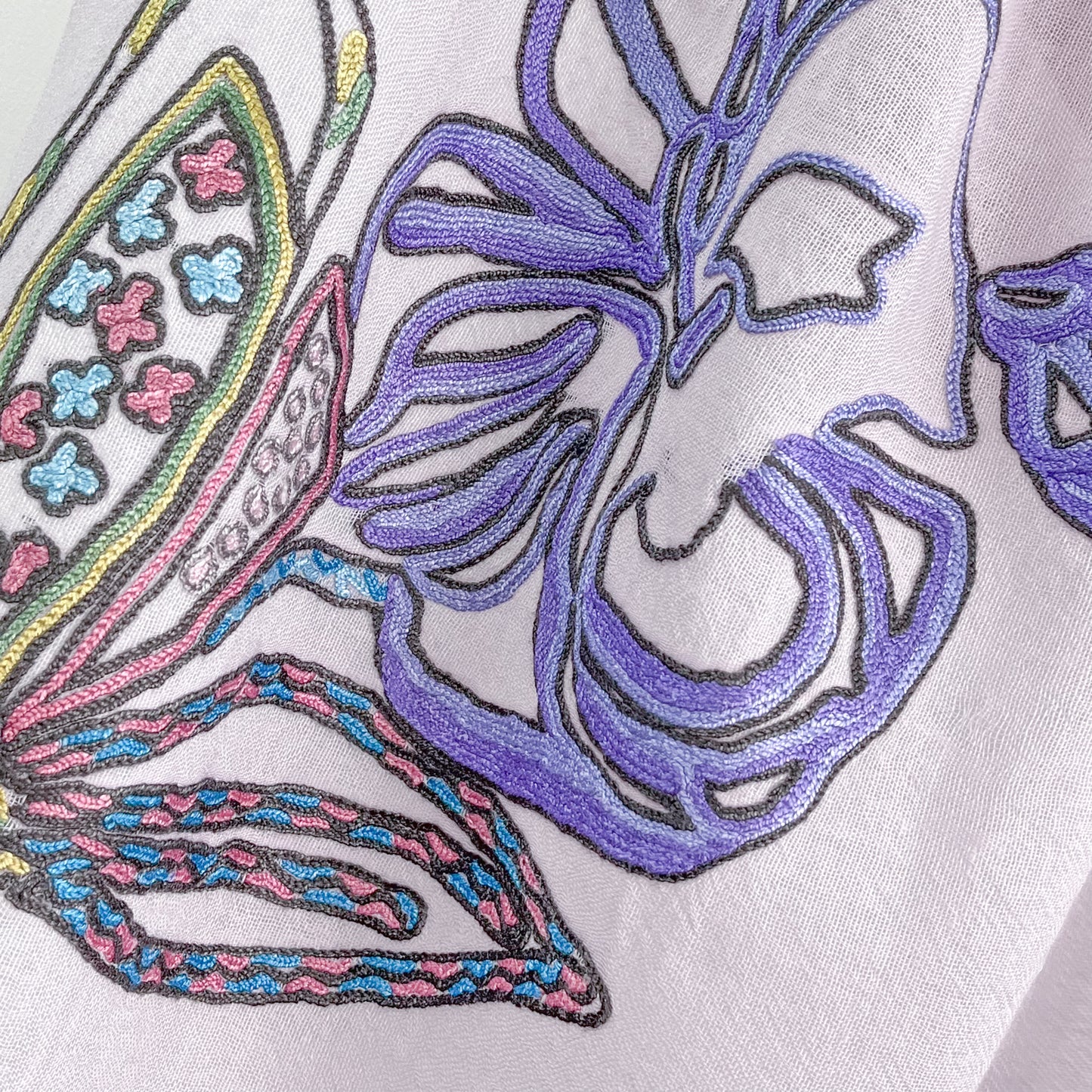 Lightweight wool &amp; silk Ally hand embroidered stole (light brown/purple) S-WTA9038_0901