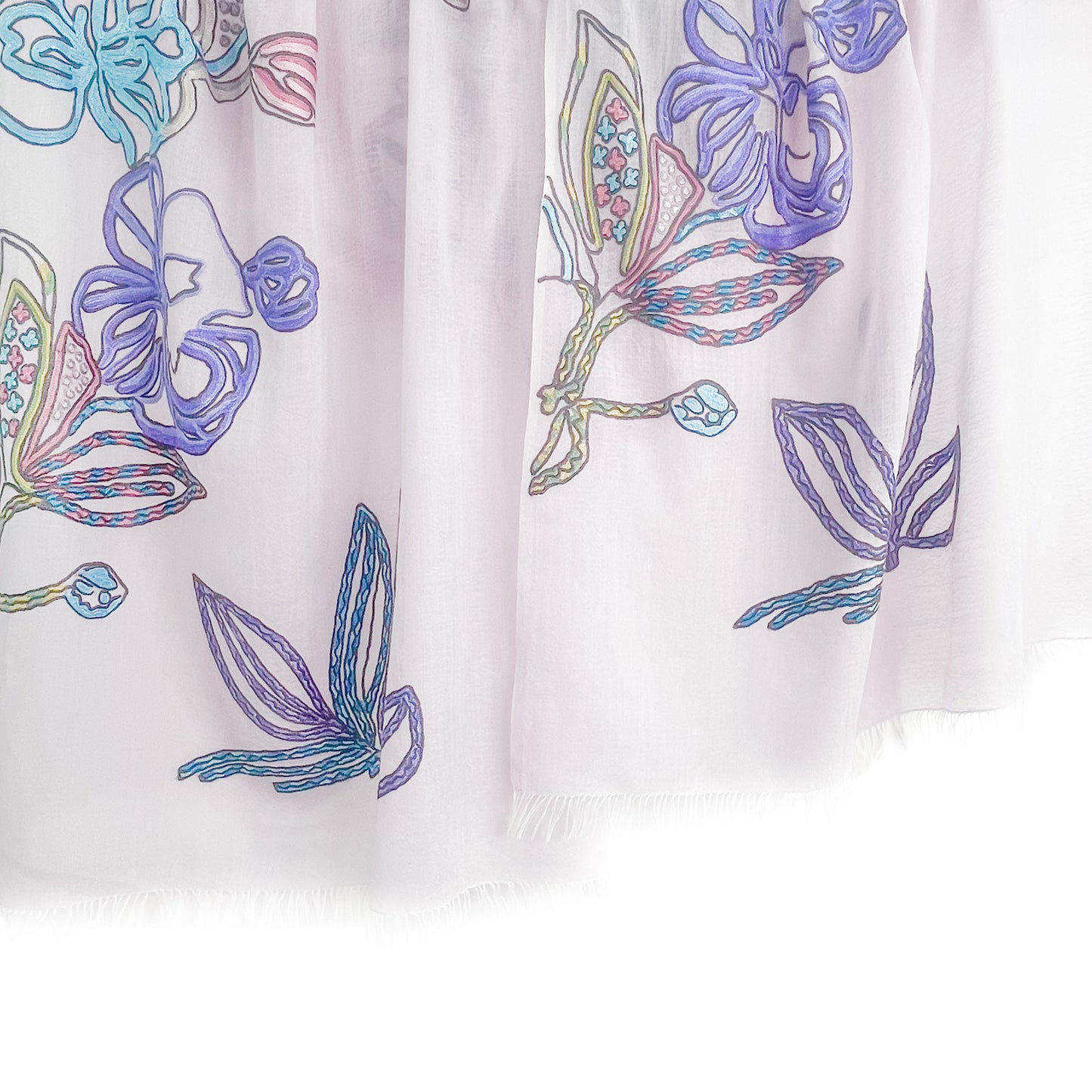 Lightweight wool &amp; silk Ally hand embroidered stole (light brown/purple) S-WTA9038_0901