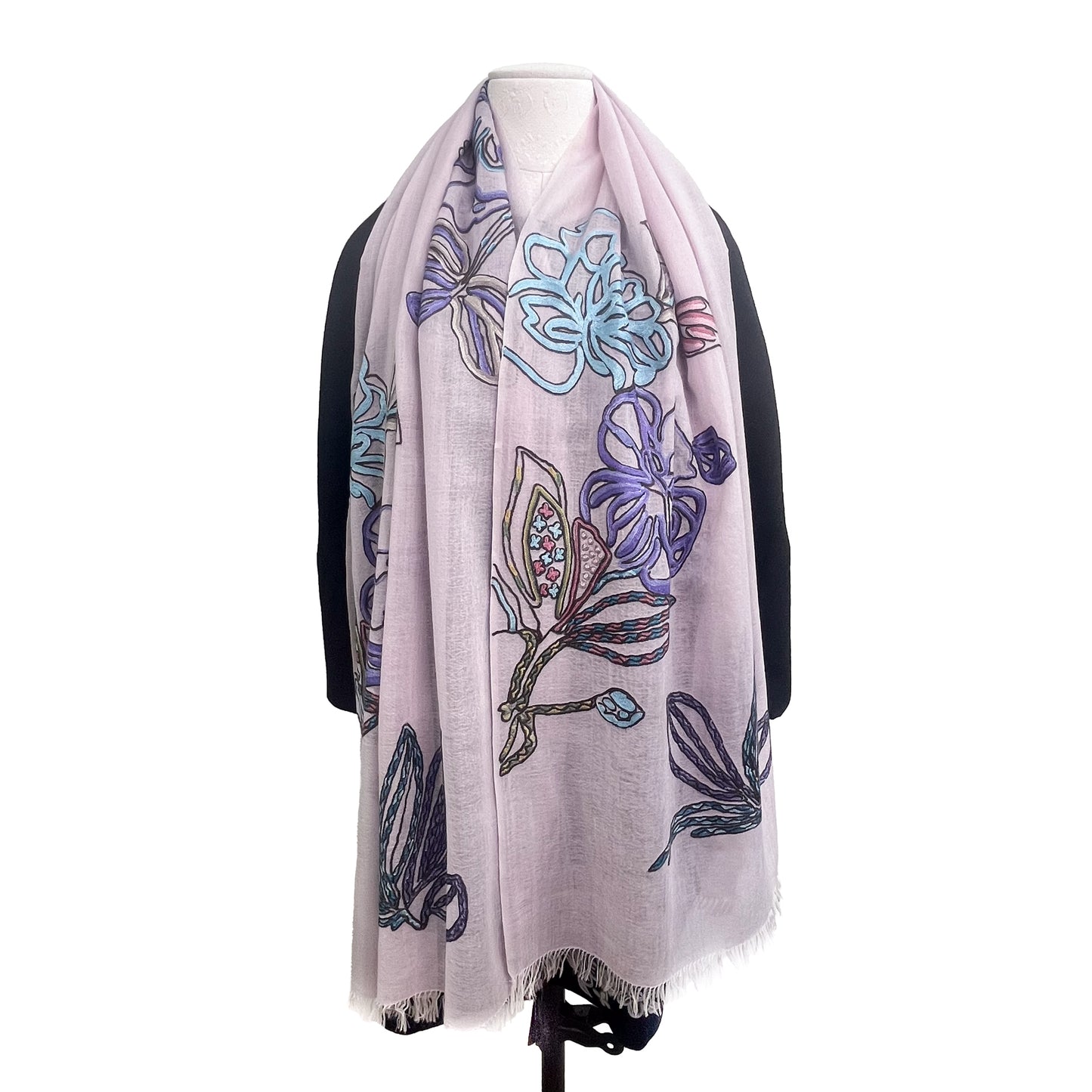Lightweight wool &amp; silk Ally hand embroidered stole (light brown/purple) S-WTA9038_0901