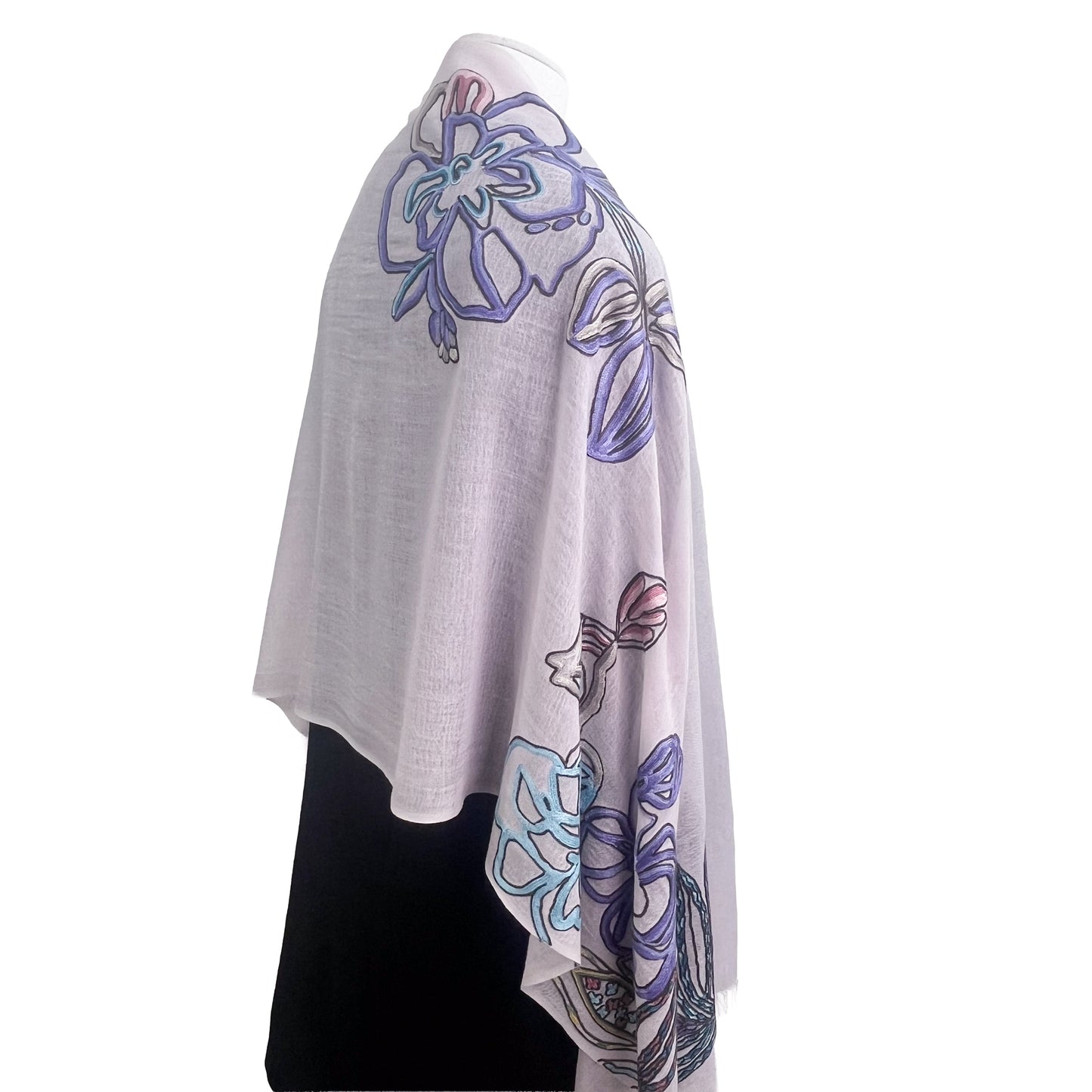 Lightweight wool &amp; silk Ally hand embroidered stole (light brown/purple) S-WTA9038_0901