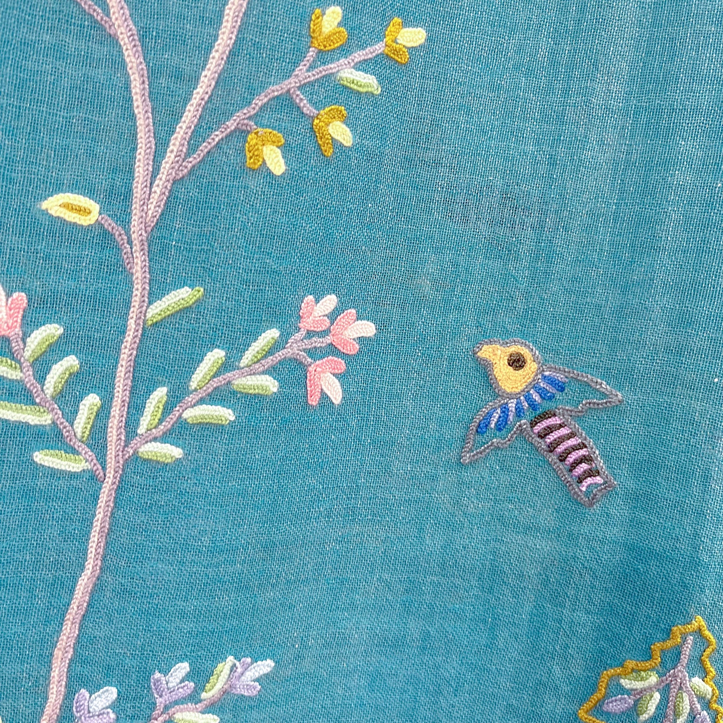 Tree of Life 薄手ウール&シルク アリー手刺繍ストール (ターコイズ)