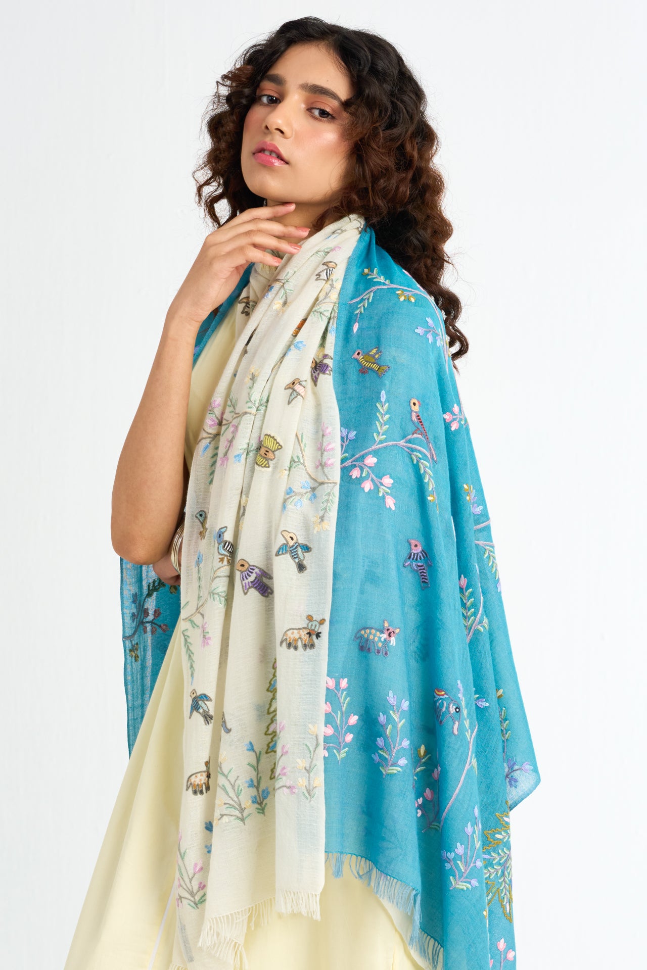 Tree of Life Lightweight Wool &amp; Silk Allie Hand Embroidered Stole (Turquoise)