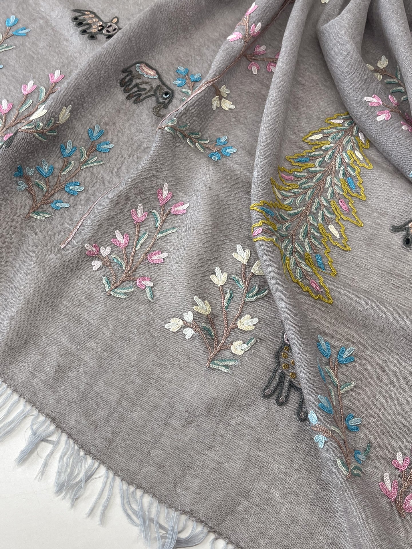 Tree of Life Lightweight Wool &amp; Silk Allie Hand Embroidered Stole (Turquoise)