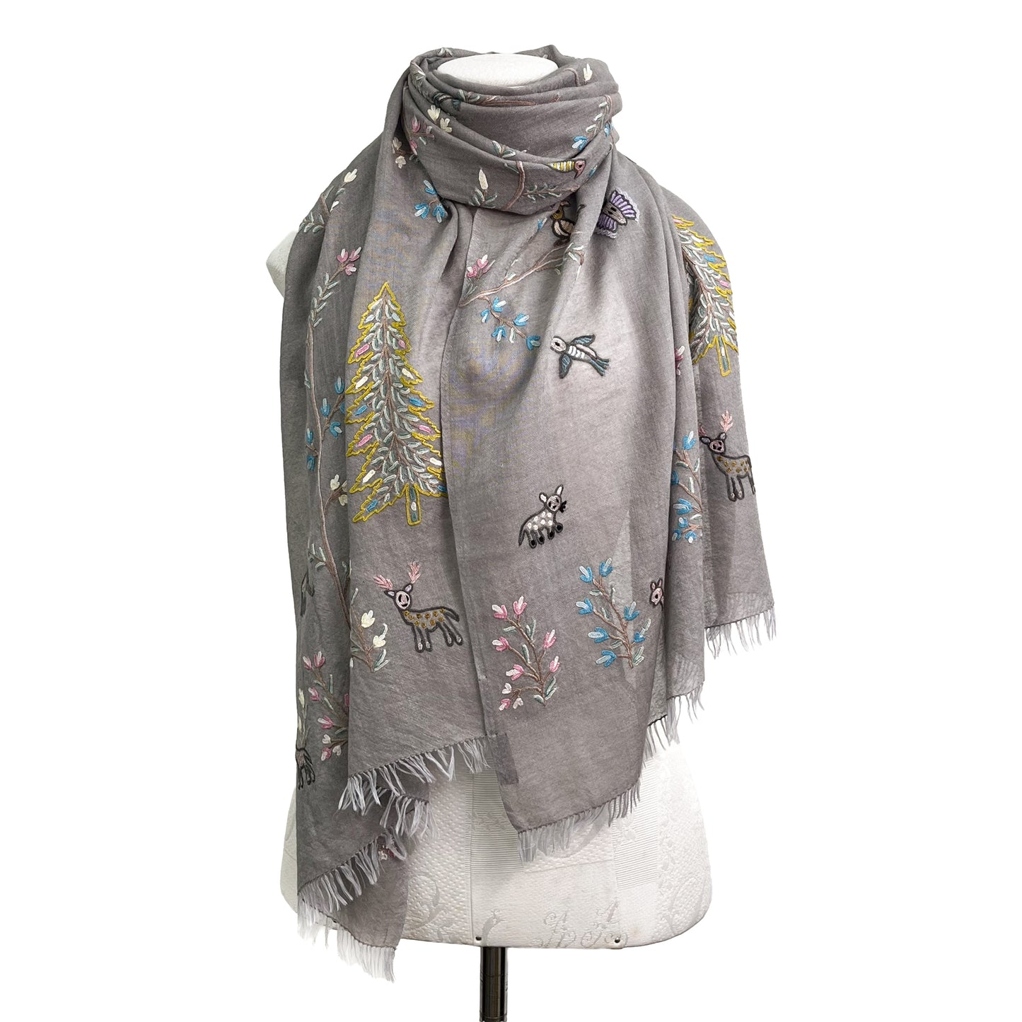 Tree of Life Lightweight Wool &amp; Silk Allie Hand Embroidered Stole (Turquoise)