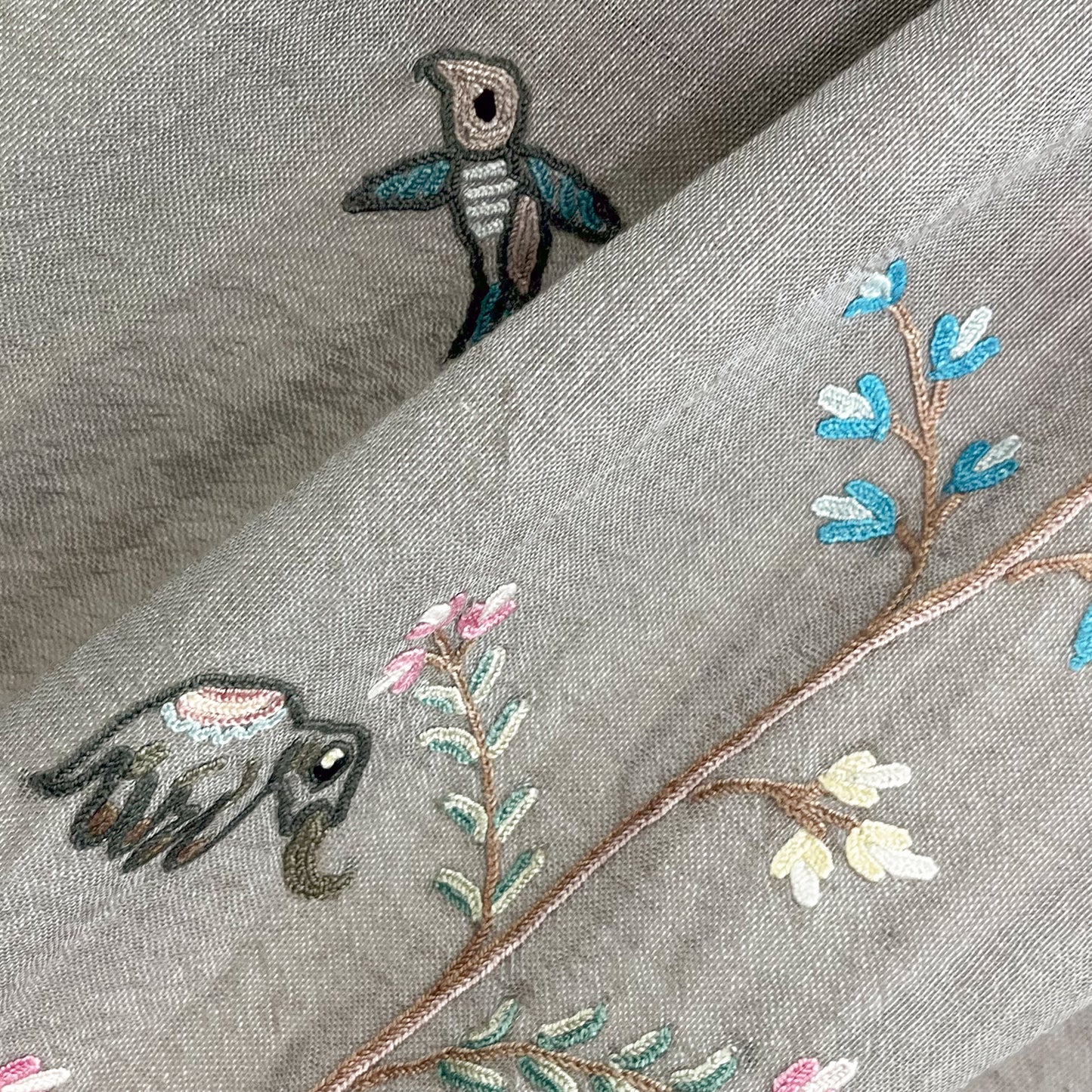 Tree of Life Lightweight Wool &amp; Silk Allie Hand Embroidered Stole (Turquoise)