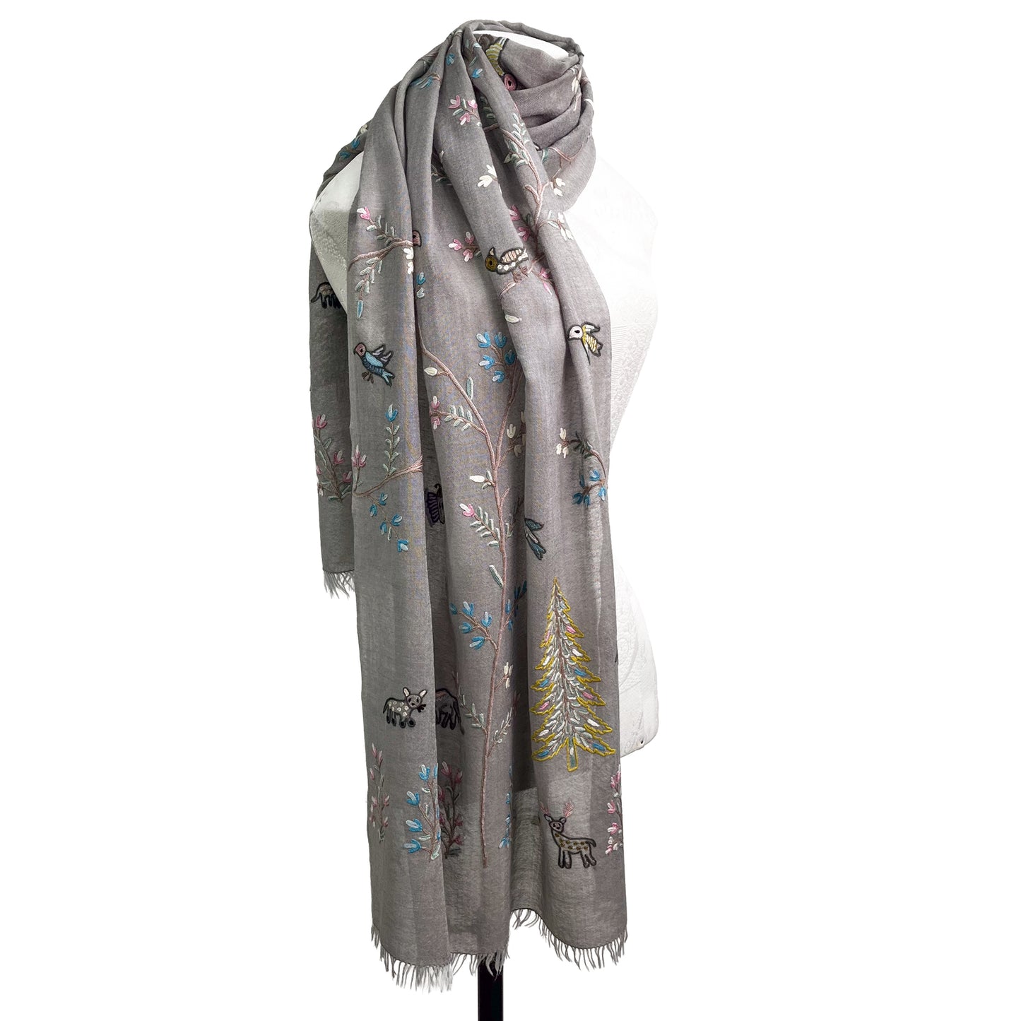 Tree of Life Lightweight Wool &amp; Silk Allie Hand Embroidered Stole (Turquoise)