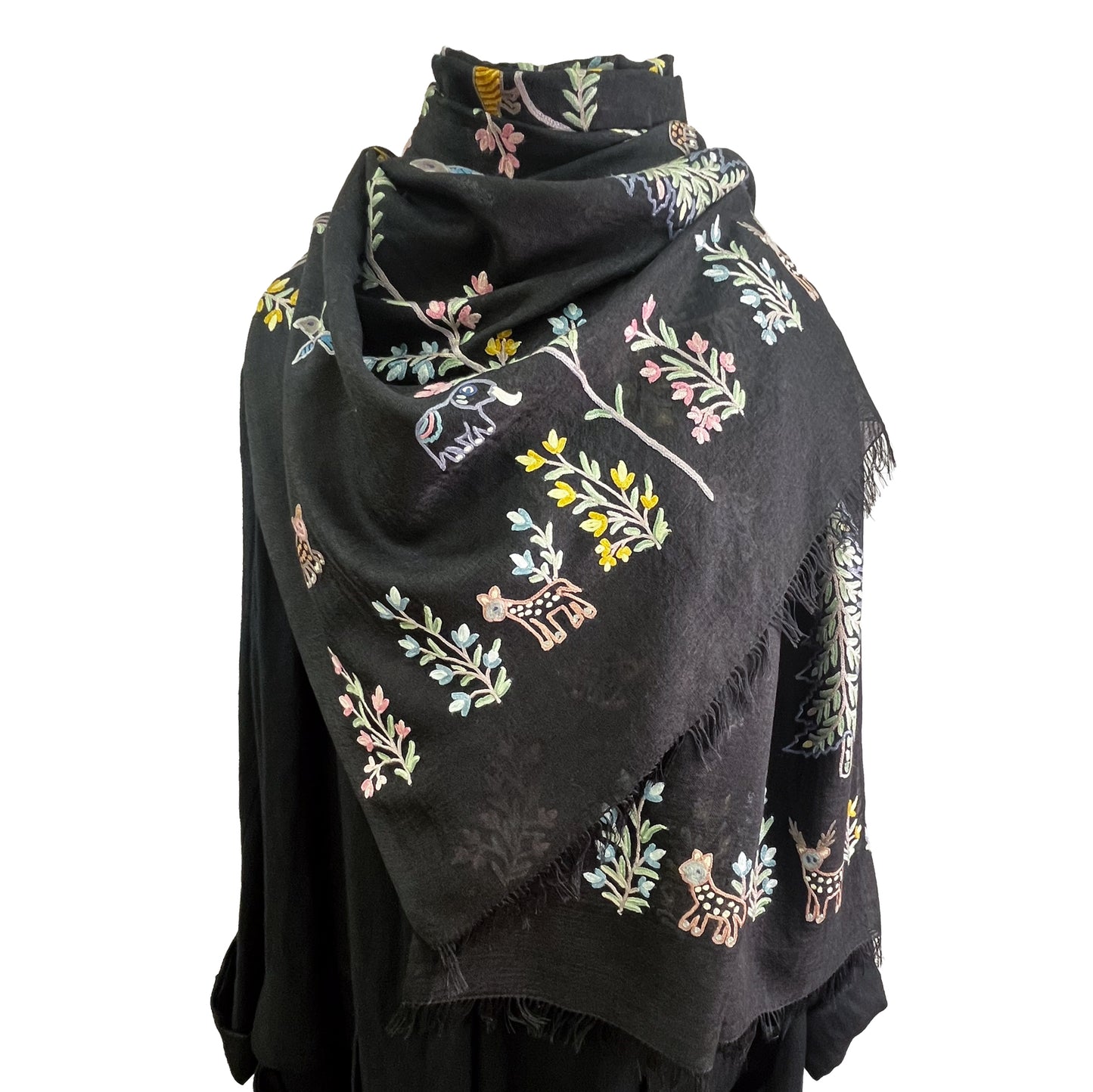 Tree of Life 薄手ウール&シルク アリー手刺繍ストール (オフブラック)