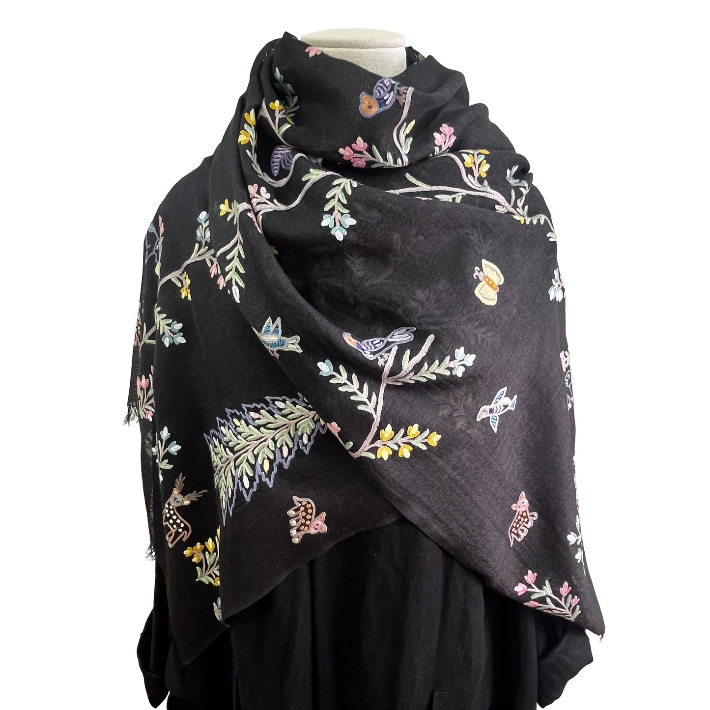 Tree of Life 薄手ウール&シルク アリー手刺繍ストール (オフブラック)