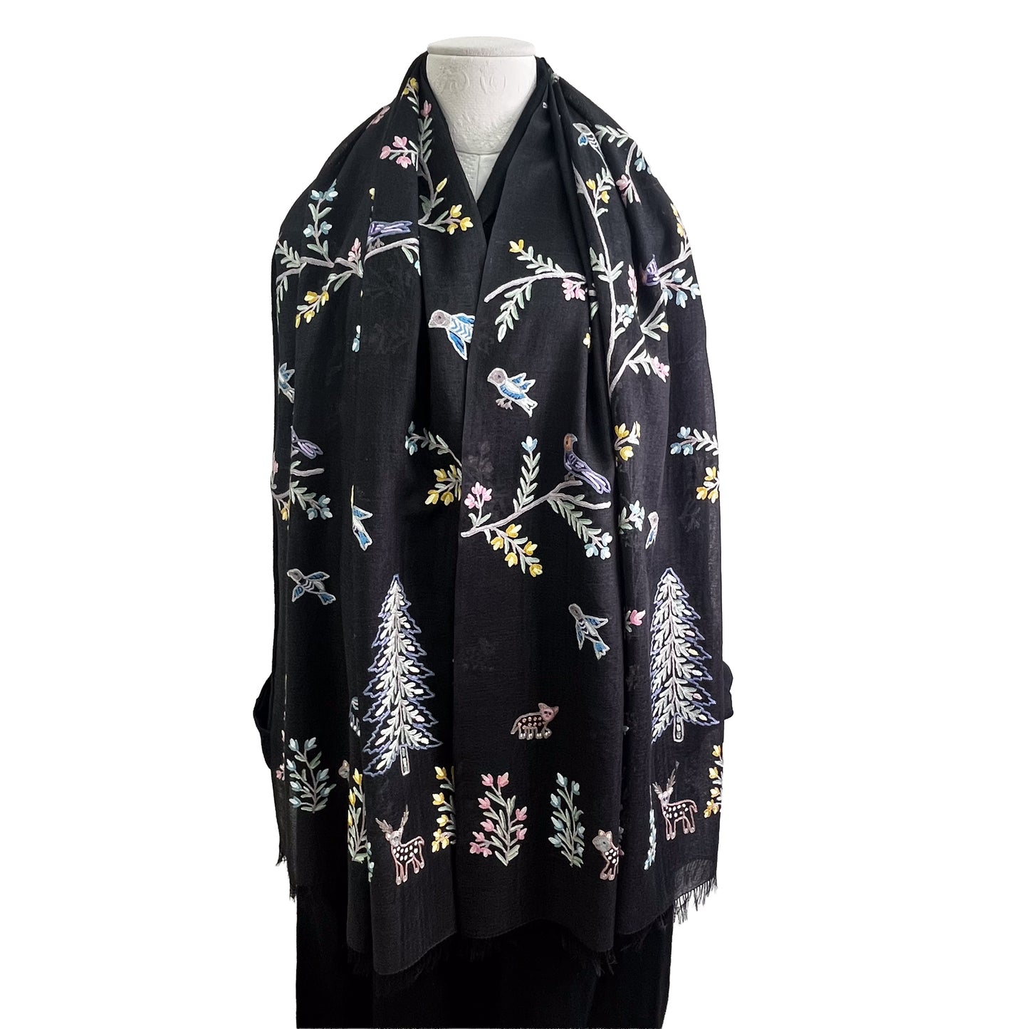 Tree of Life 薄手ウール&シルク アリー手刺繍ストール (オフブラック)