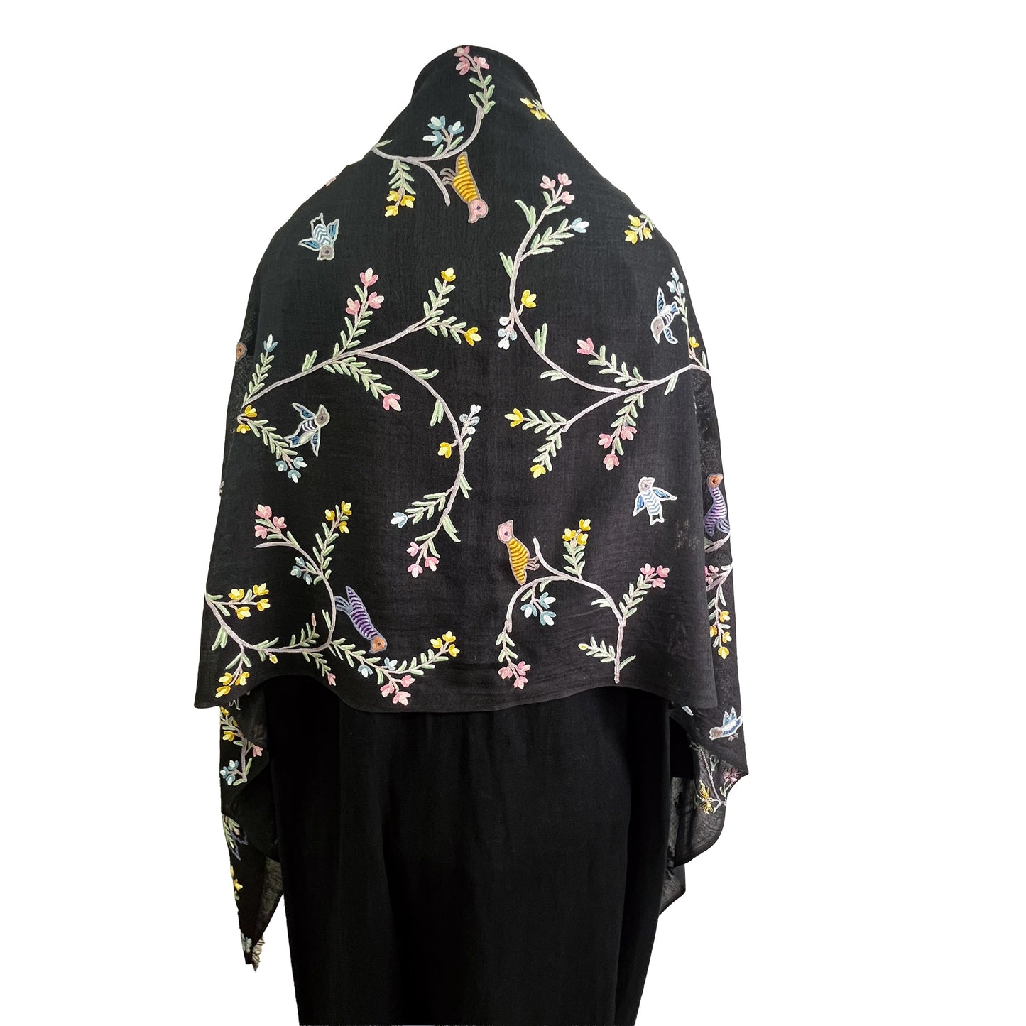 Tree of Life 薄手ウール&シルク アリー手刺繍ストール (オフブラック)