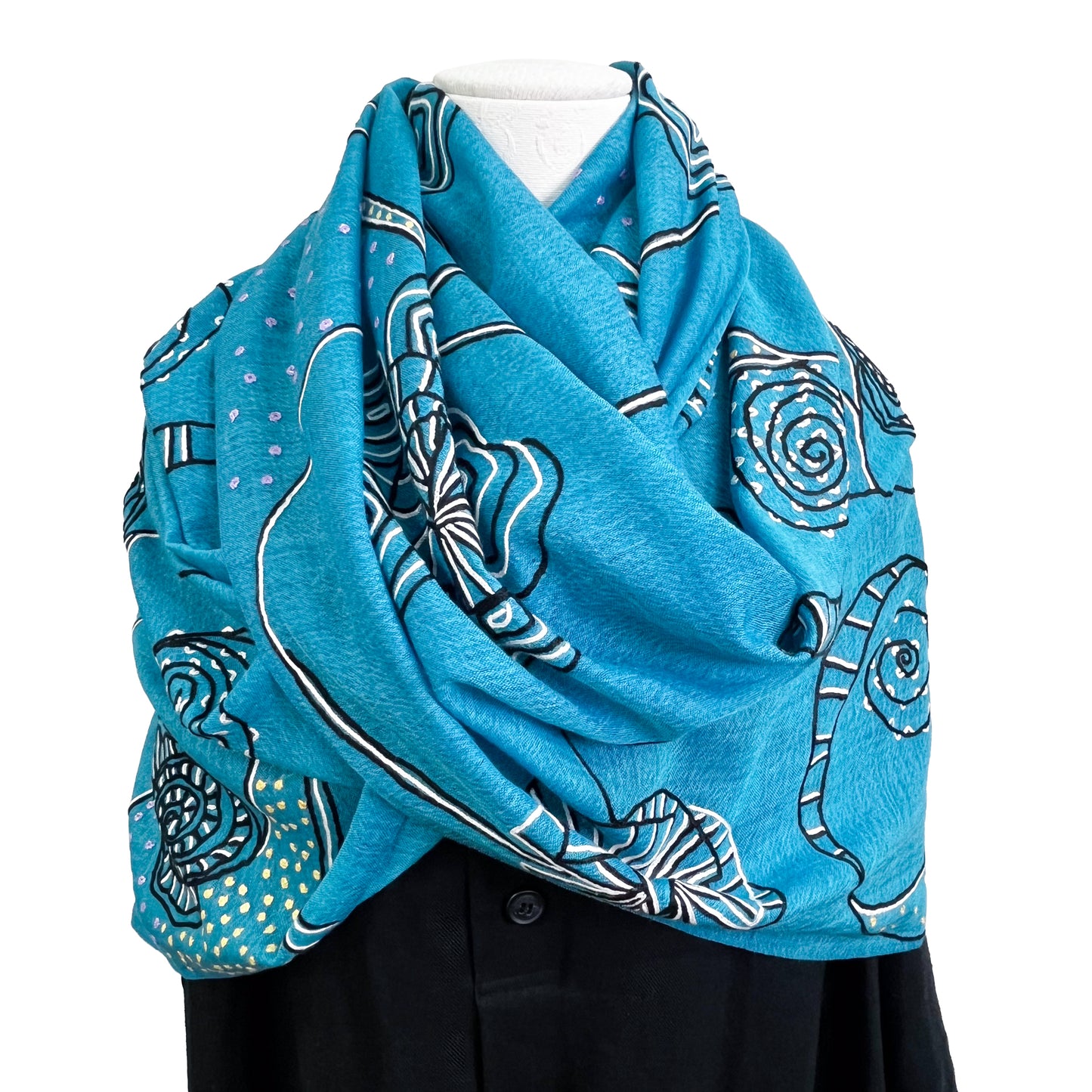 Ammonite ウール&シルク アリー手刺繍ストール(ターコイズ)