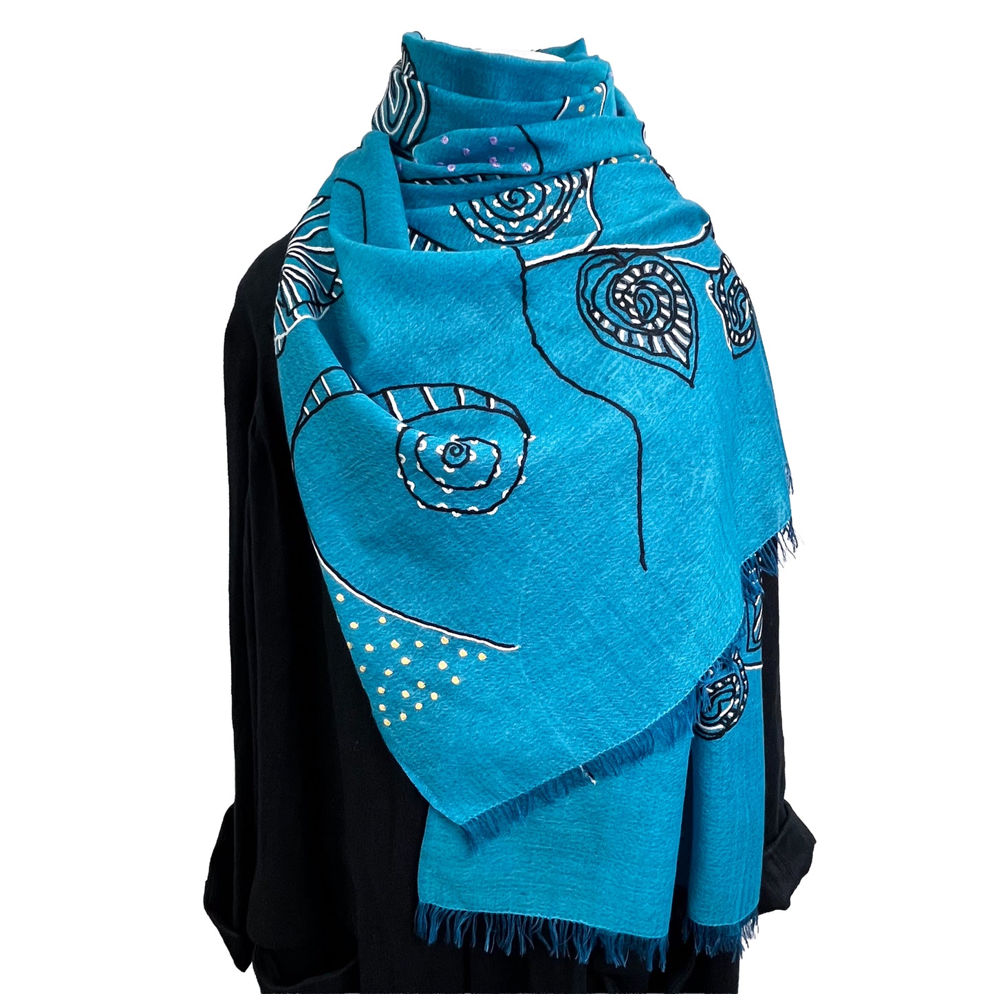 Ammonite ウール&シルク アリー手刺繍ストール(ターコイズ)