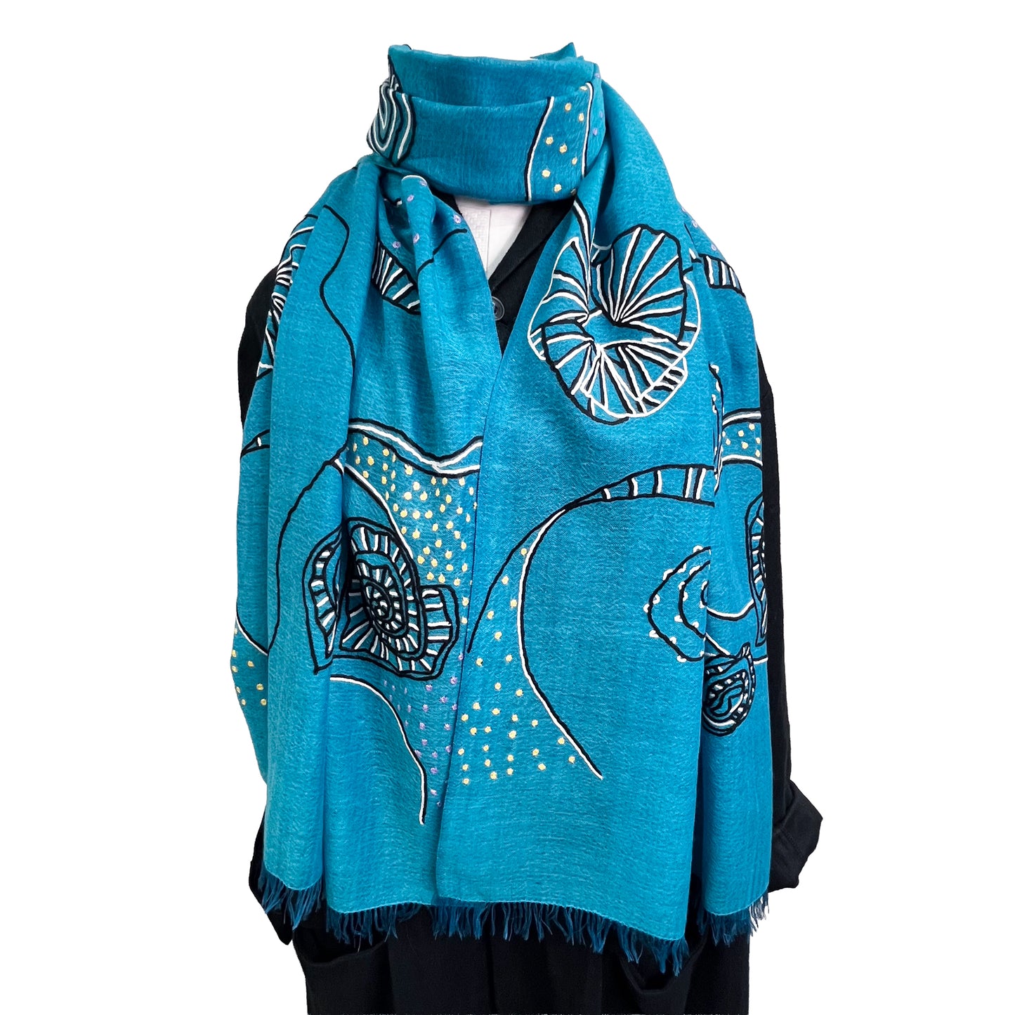 Ammonite ウール&シルク アリー手刺繍ストール(ターコイズ)