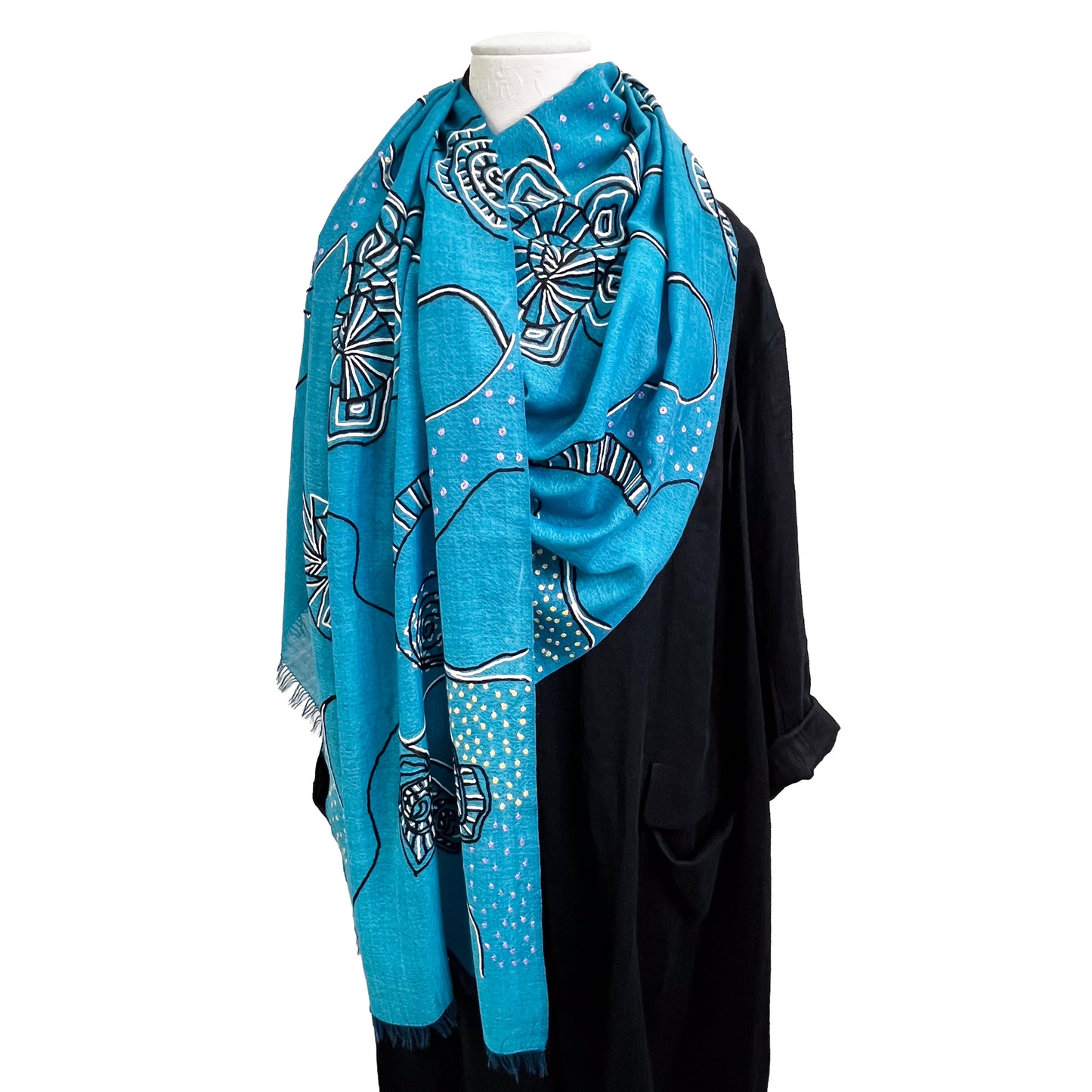 Ammonite ウール&シルク アリー手刺繍ストール(ターコイズ)