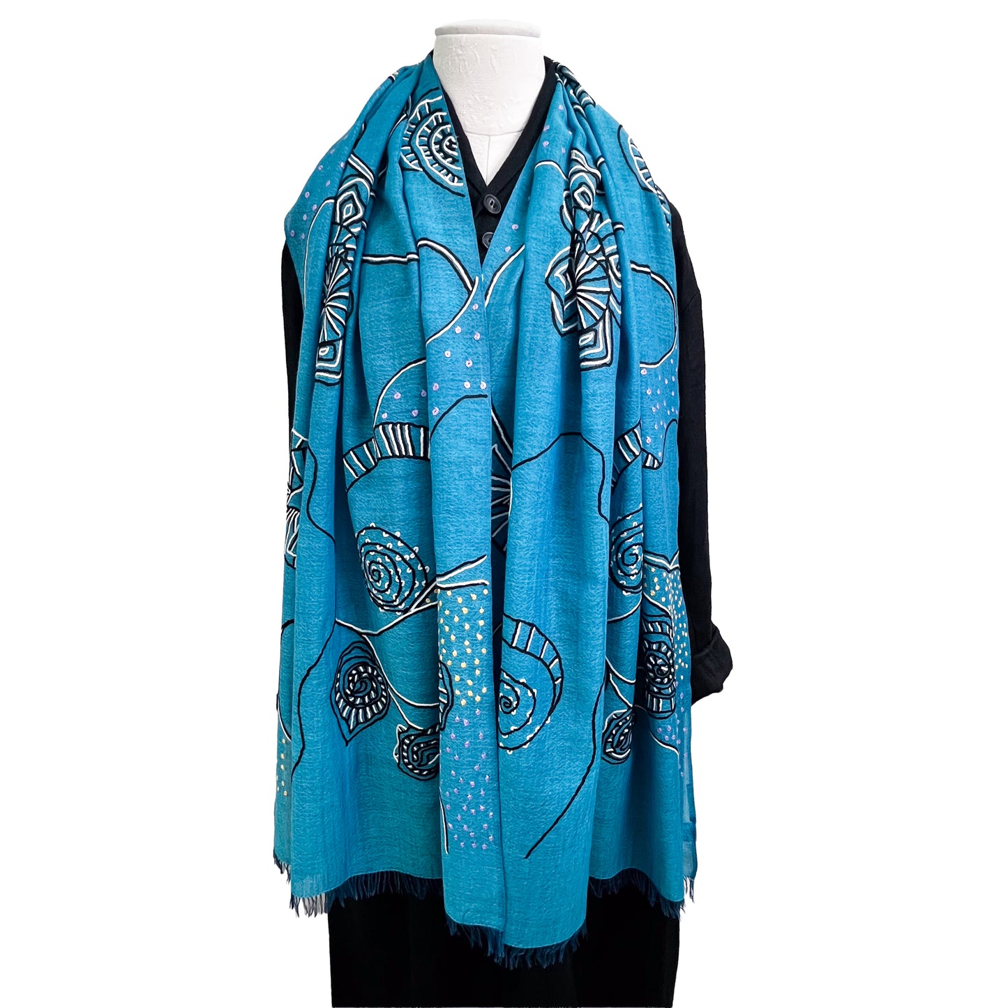 Ammonite ウール&シルク アリー手刺繍ストール(ターコイズ)