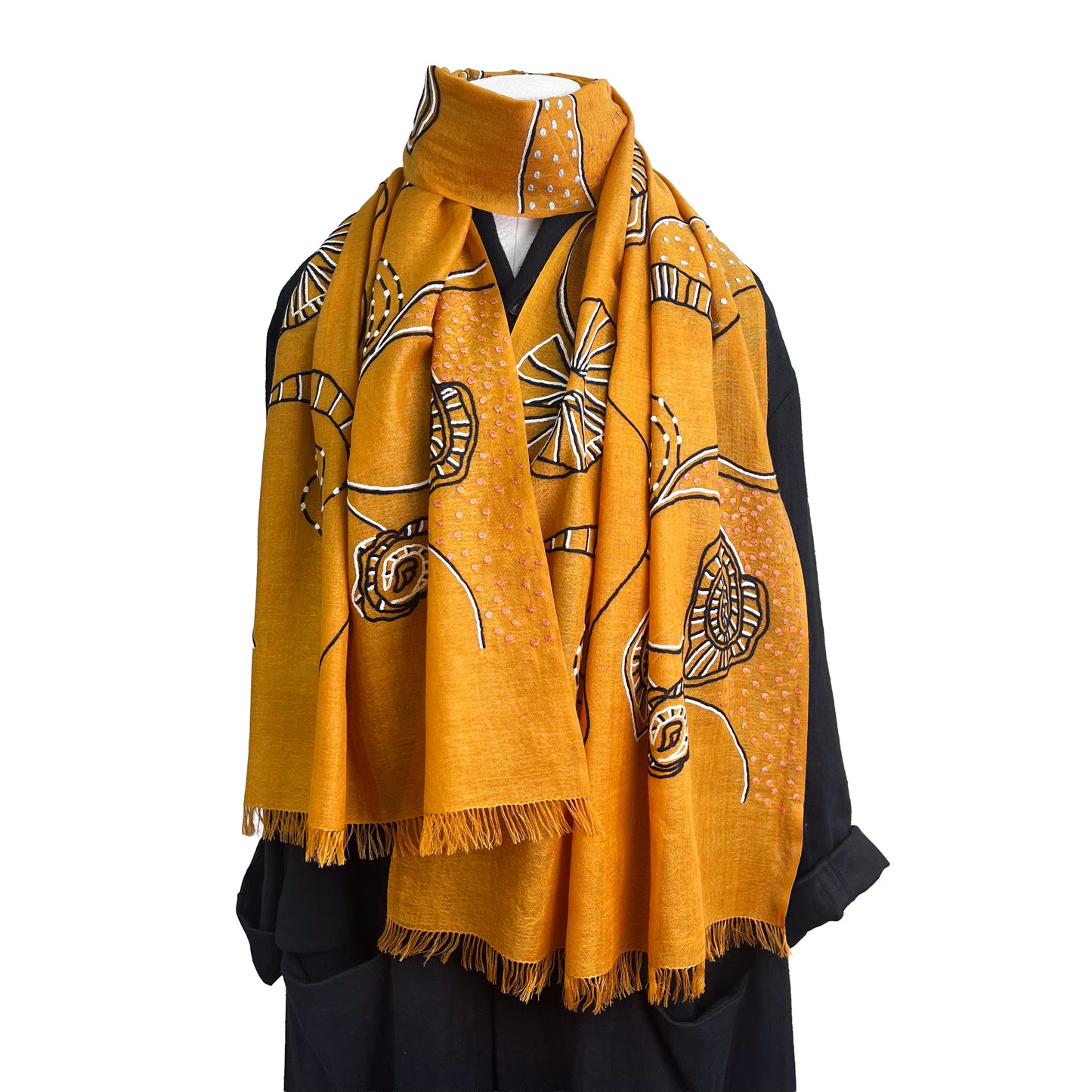 Wool &amp; Silk Ali Hand Embroidered Stole (White)