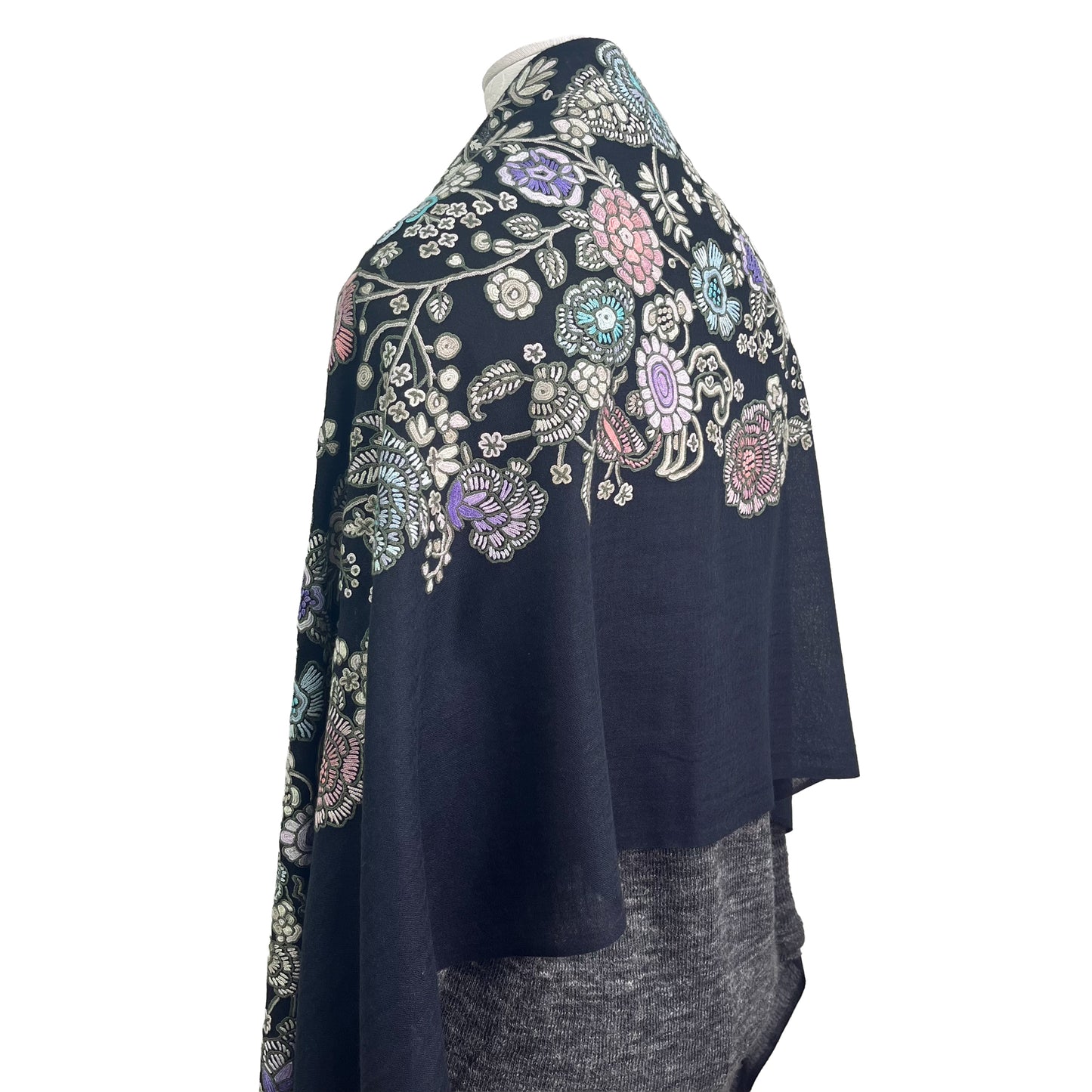 Lightweight wool &amp; silk printed &amp; Allie hand embroidered stole (fuchsia pink)