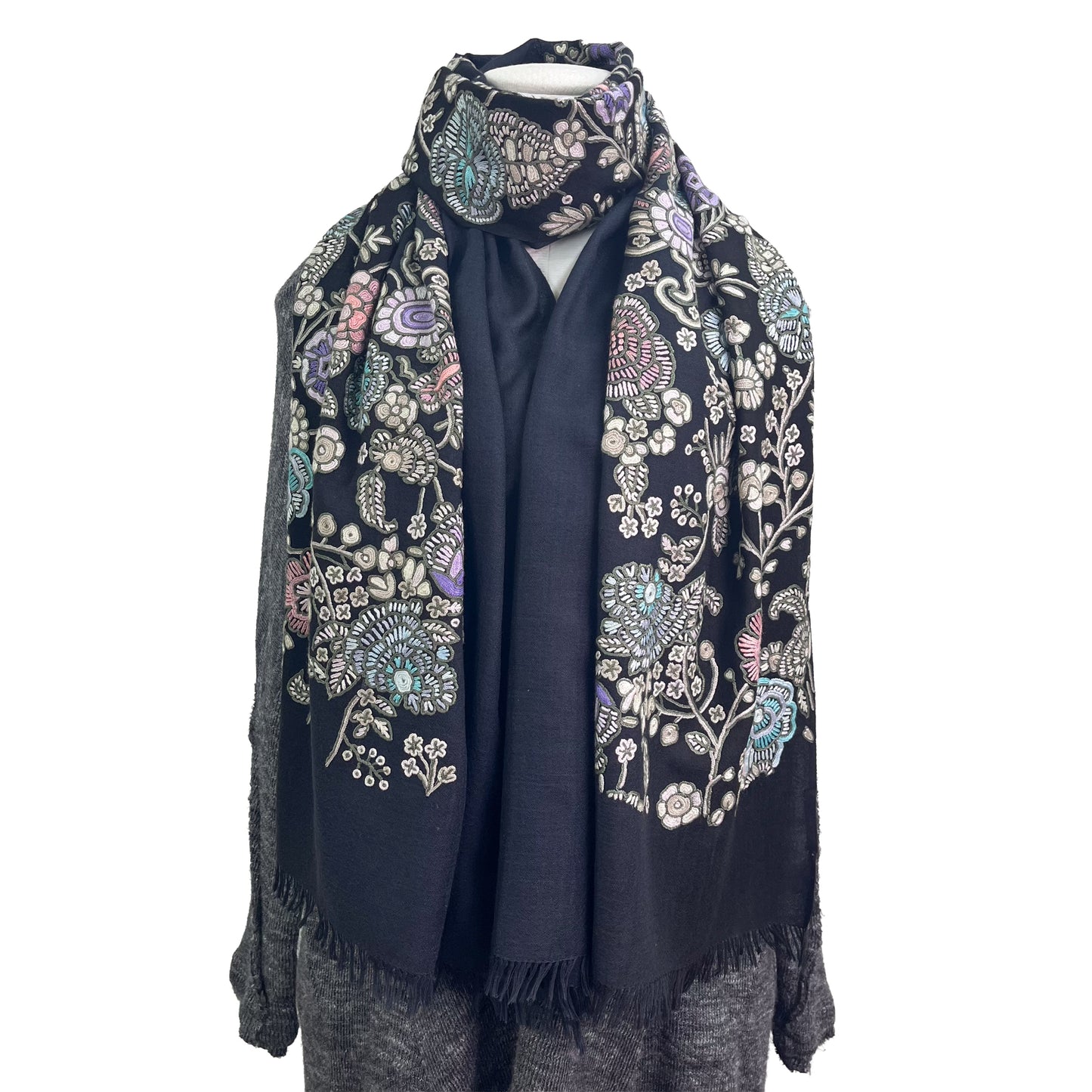 Lightweight wool &amp; silk printed &amp; Allie hand embroidered stole (fuchsia pink)