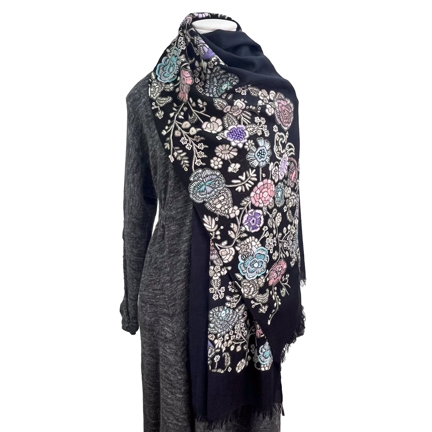 Lightweight wool &amp; silk printed &amp; Allie hand embroidered stole (fuchsia pink)