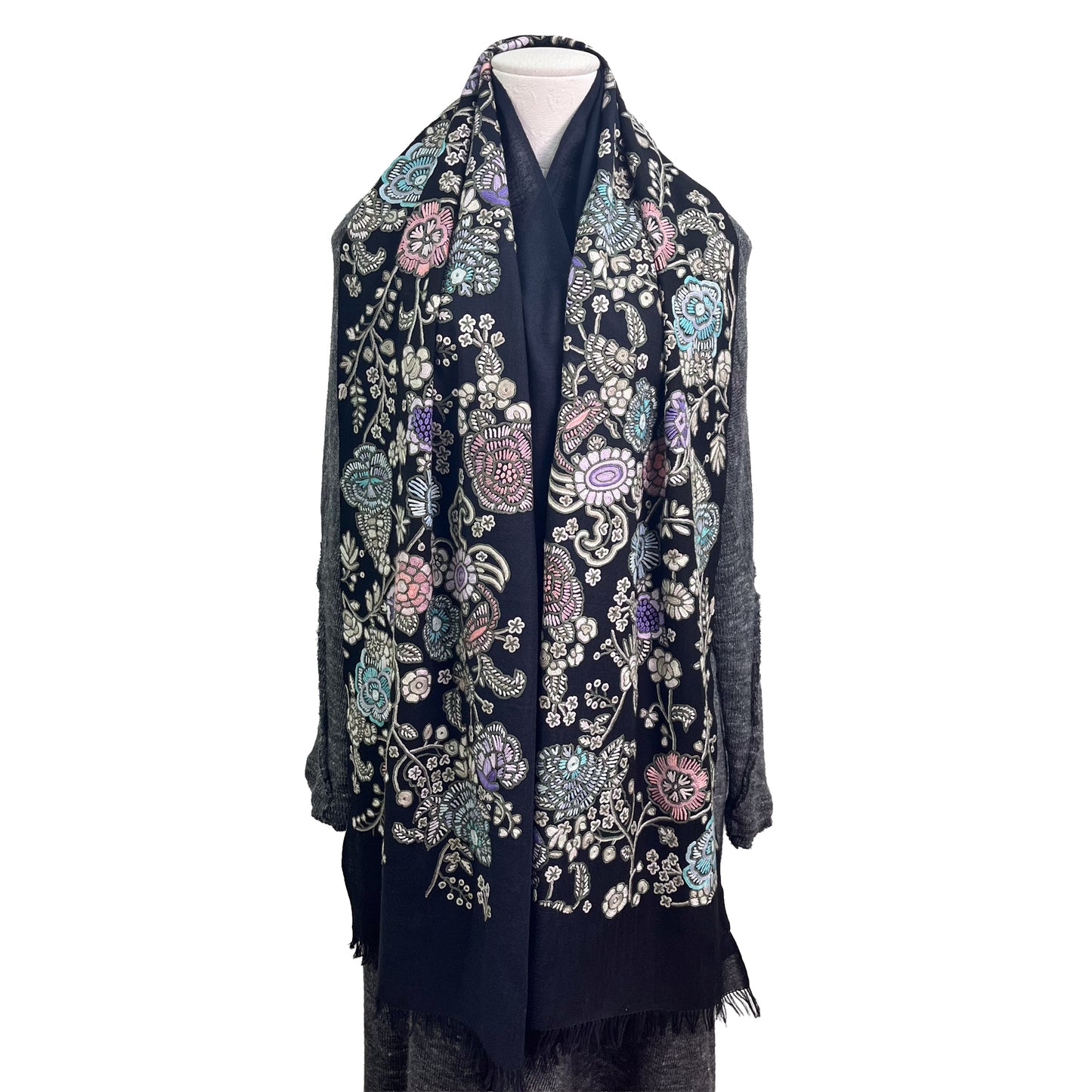 Lightweight wool &amp; silk printed &amp; Allie hand embroidered stole (fuchsia pink)