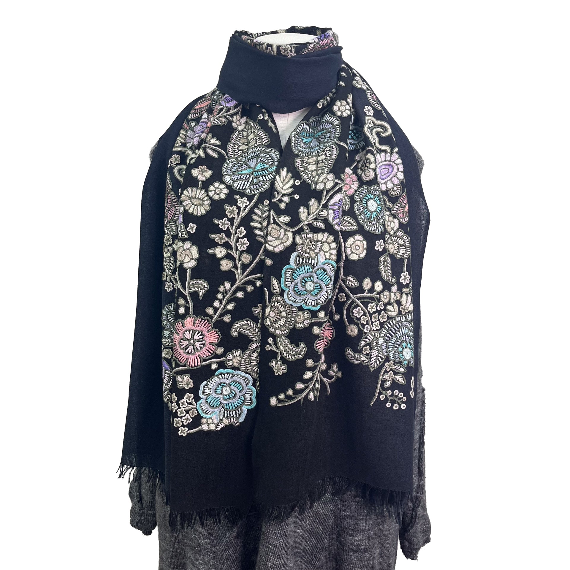Passion Flowers 薄手ウール&シルク プリント&アリー手刺繍ストール