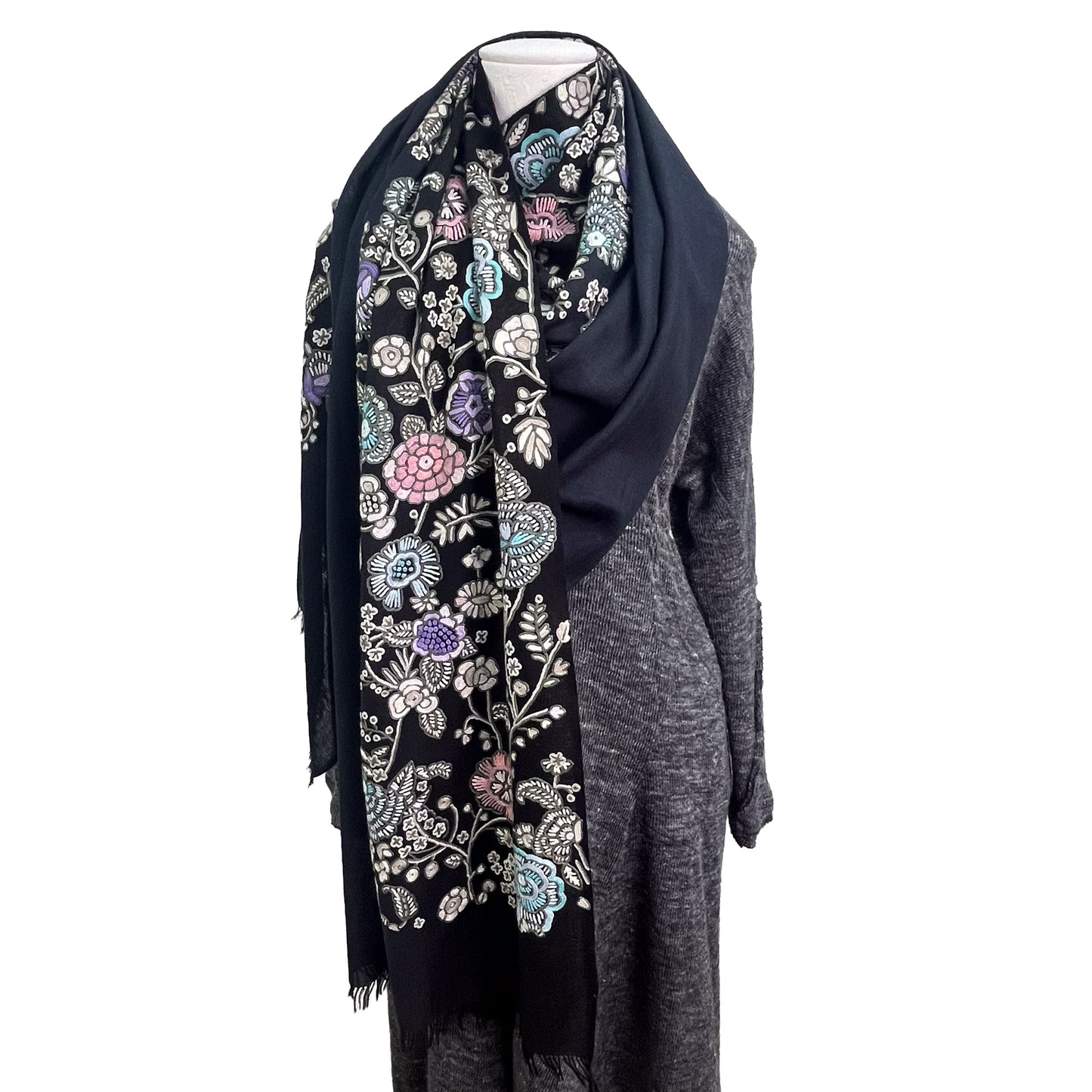 Lightweight wool &amp; silk printed &amp; Allie hand embroidered stole (fuchsia pink)