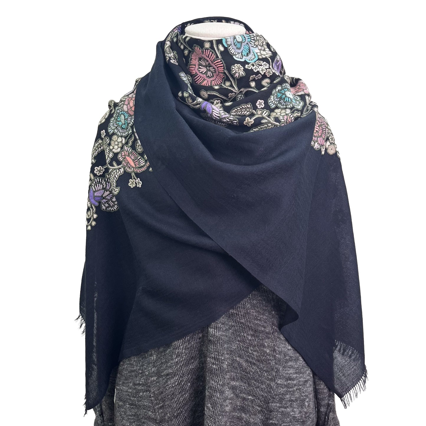 Lightweight wool &amp; silk printed &amp; Allie hand embroidered stole (fuchsia pink)