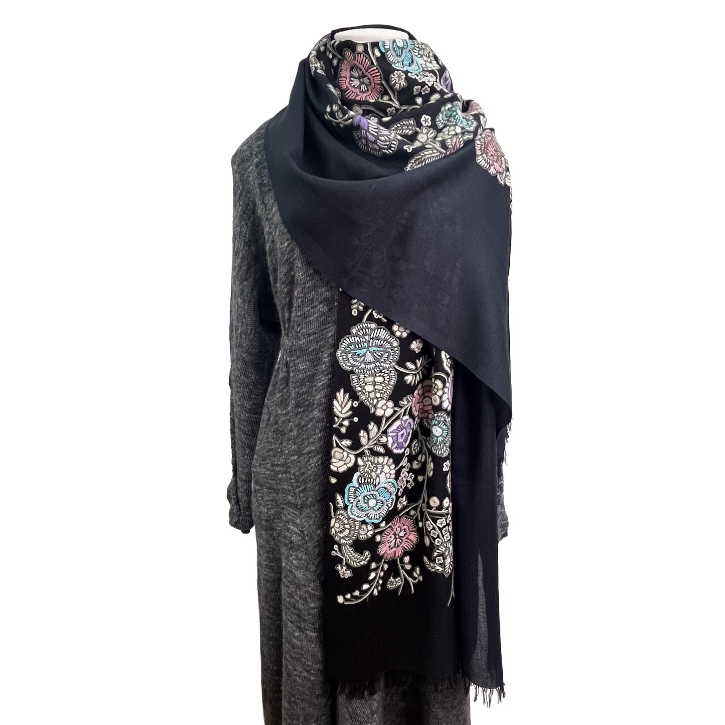 Lightweight wool &amp; silk printed &amp; Allie hand embroidered stole (fuchsia pink)