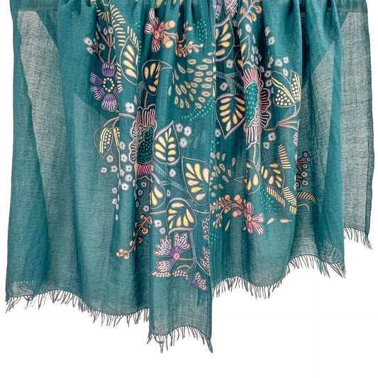 Flower Festivalウール&シルク アリー手刺繍ストール (ターコイズグリーン)