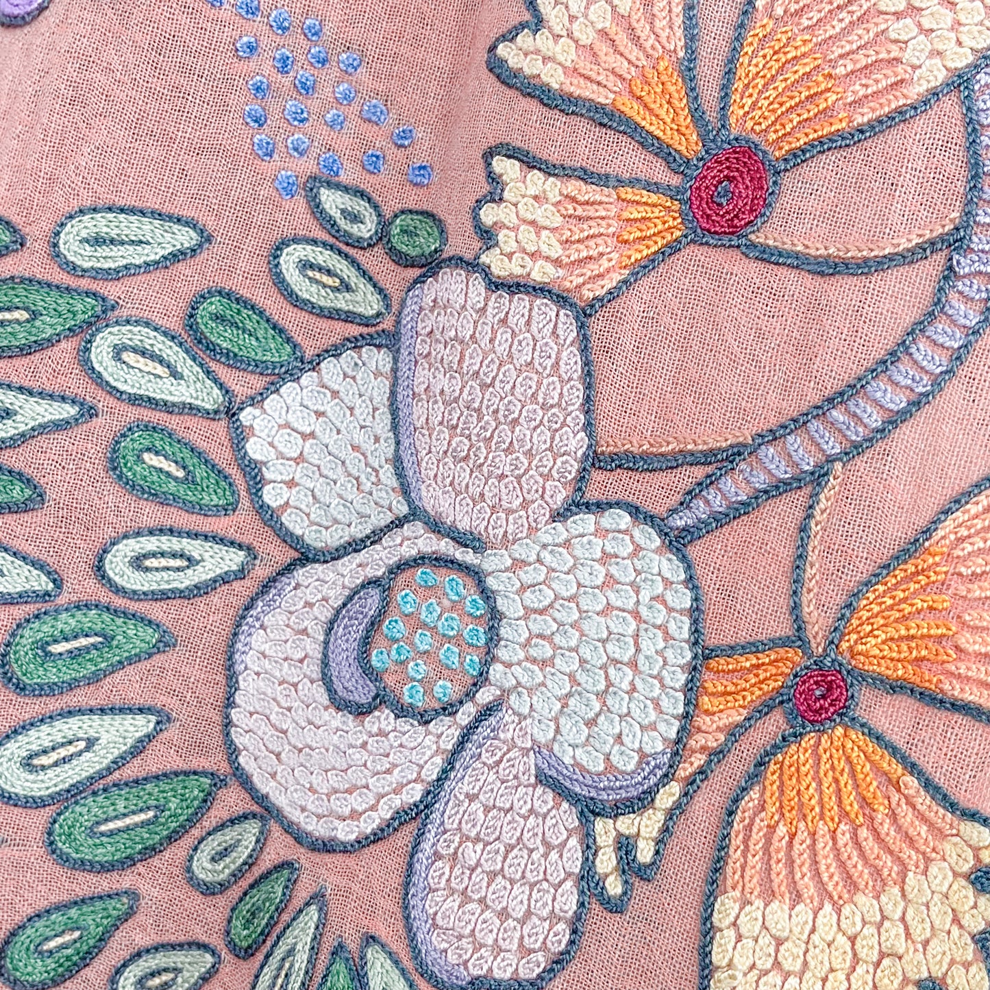 Flower Festivalウール&シルク アリー手刺繍ストール (オレンジ)