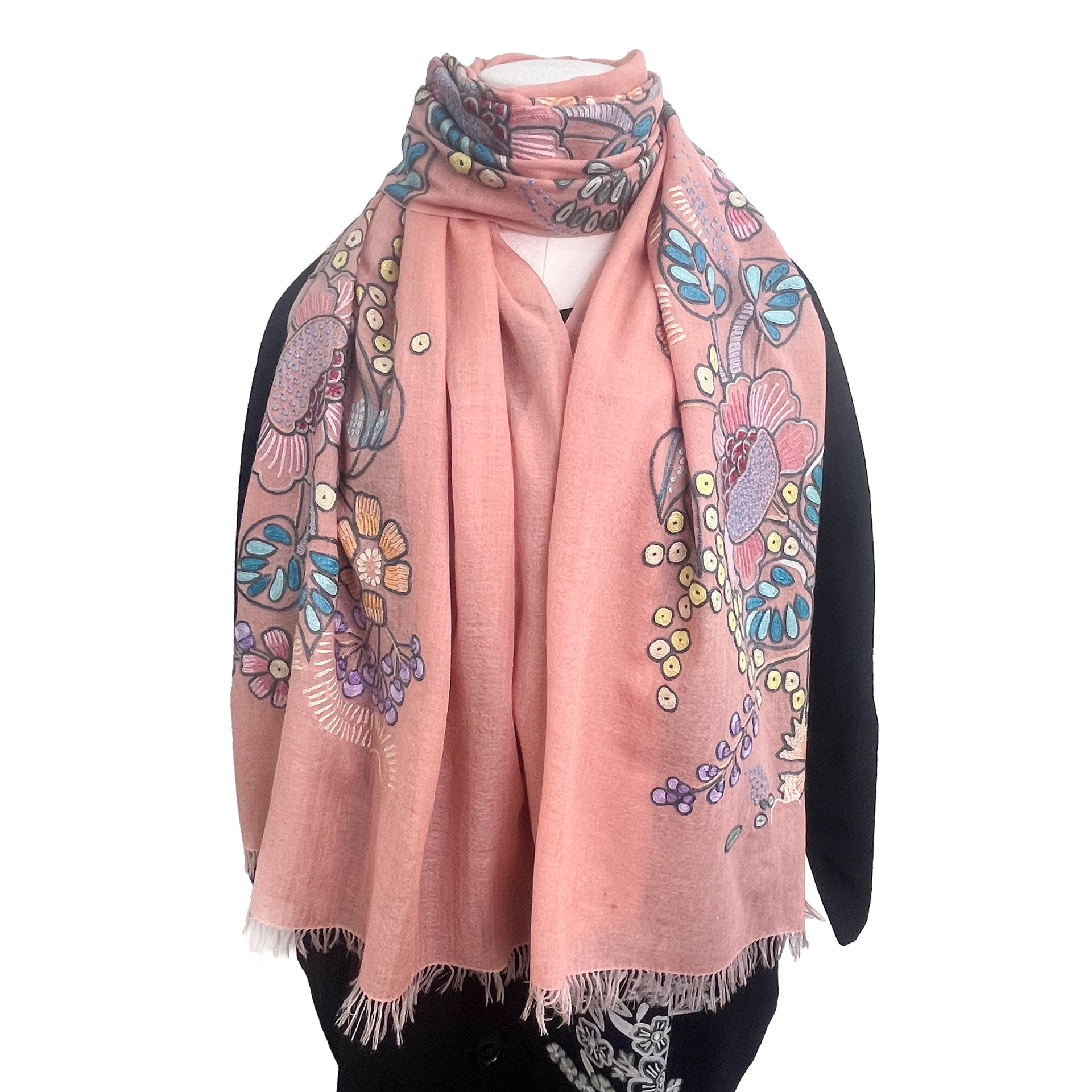 Flower Festivalウール&シルク アリー手刺繍ストール (オレンジ