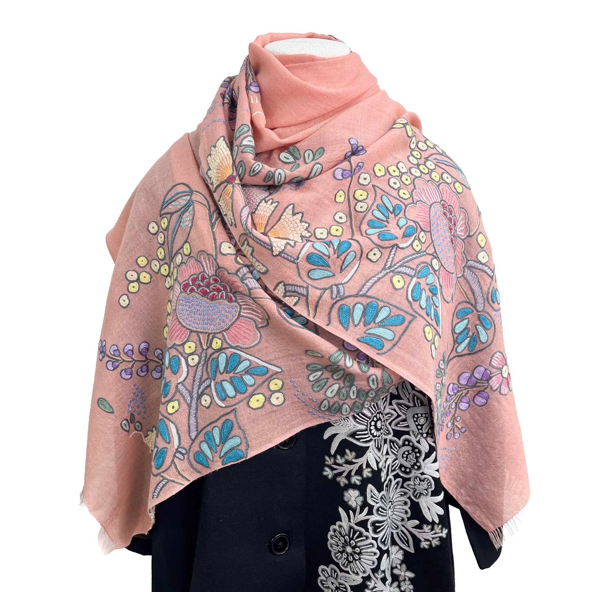 Flower Festivalウール&シルク アリー手刺繍ストール (オレンジ