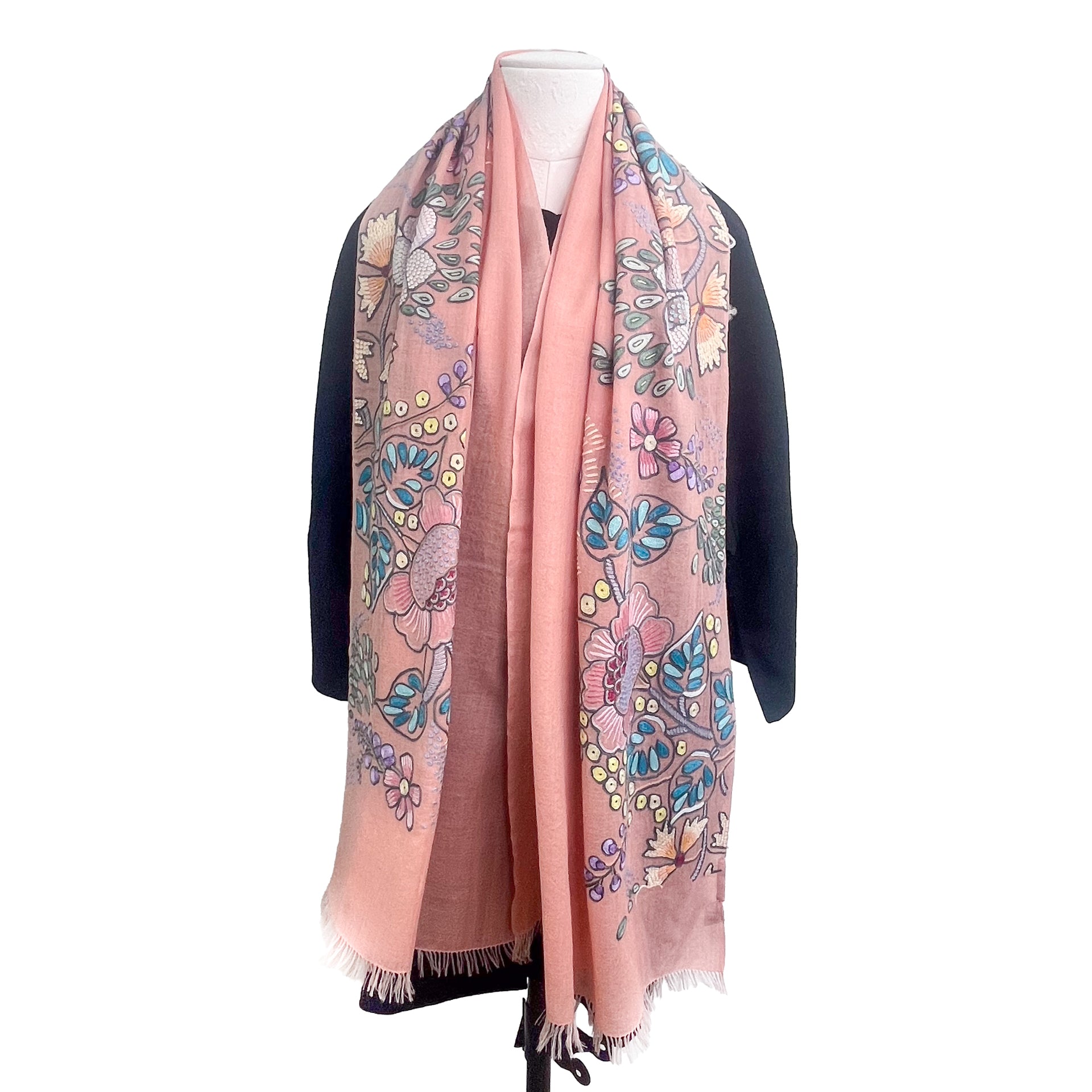 Flower Festivalウール&シルク アリー手刺繍ストール (オレンジ