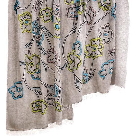 Lightweight wool and silk Allie hand-embroidered stole (greige)