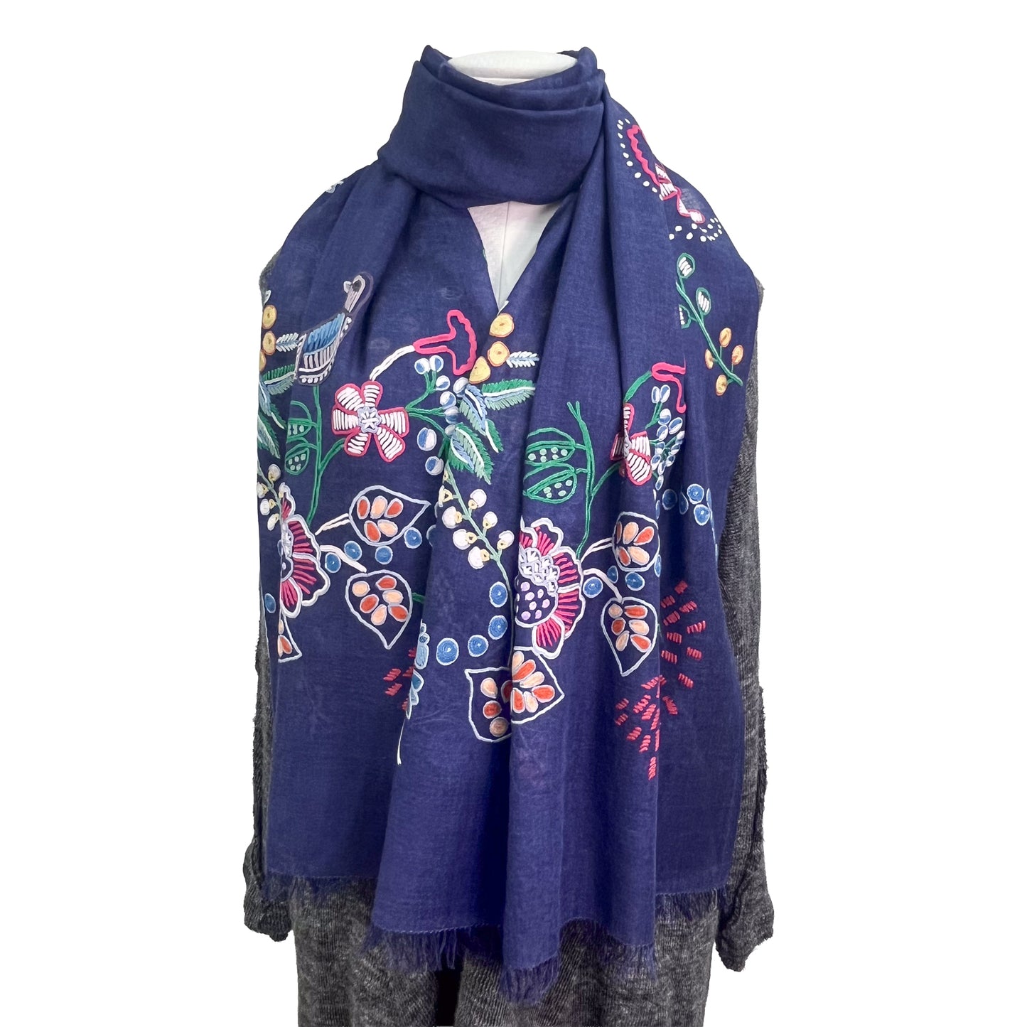 Botanical pattern, thin wool &amp; silk, Ally hand embroidered stole, 60cm x 195cm (fuchsia pink), S-WTA3033_0034