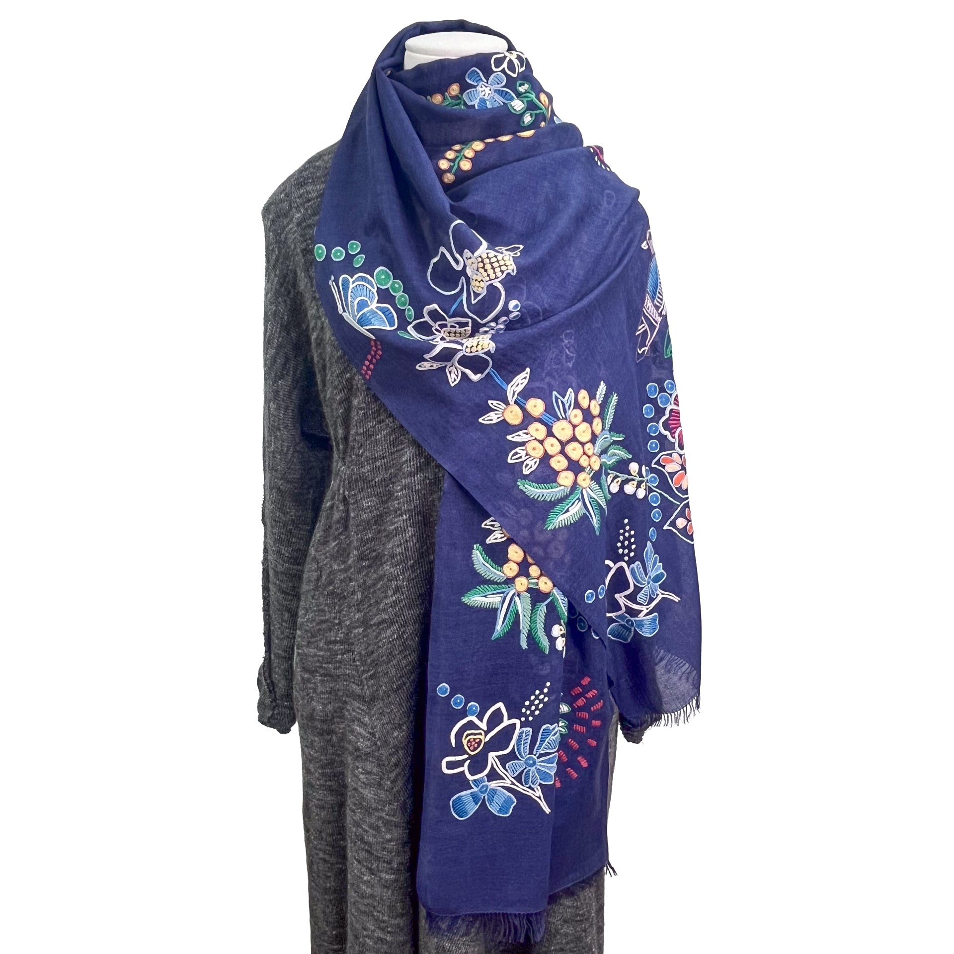 バードモチーフ 薄手ウール&シルク アリー手刺繍ストール (ネイビー