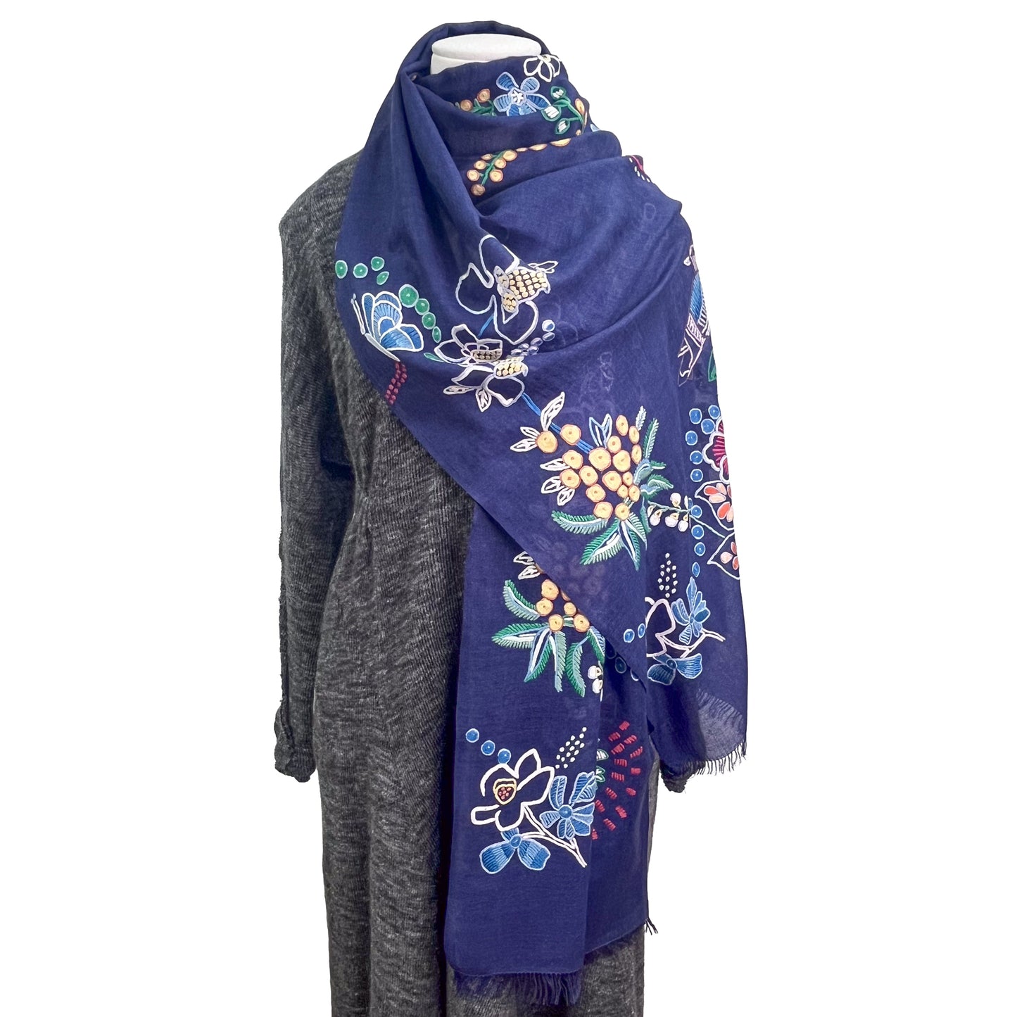 Botanical pattern, thin wool &amp; silk, Ally hand embroidered stole, 60cm x 195cm (fuchsia pink), S-WTA3033_0034