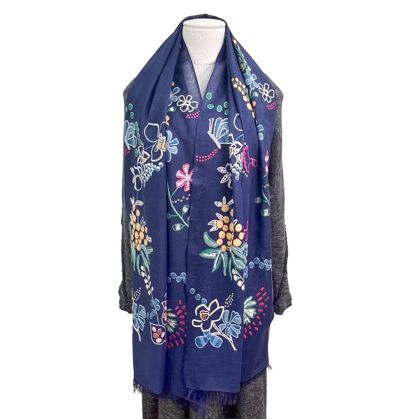 Botanical pattern, thin wool &amp; silk, Ally hand embroidered stole, 60cm x 195cm (fuchsia pink), S-WTA3033_0034