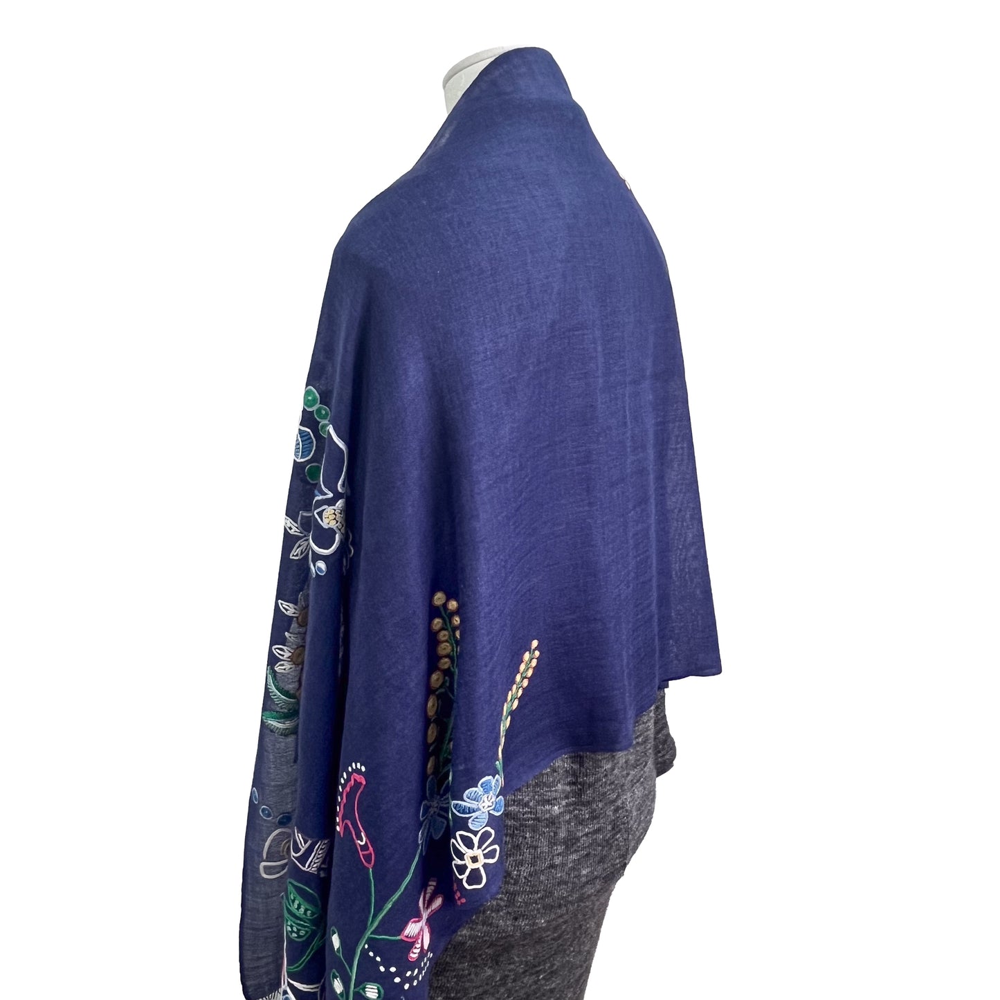 Botanical pattern, thin wool &amp; silk, Ally hand embroidered stole, 60cm x 195cm (fuchsia pink), S-WTA3033_0034